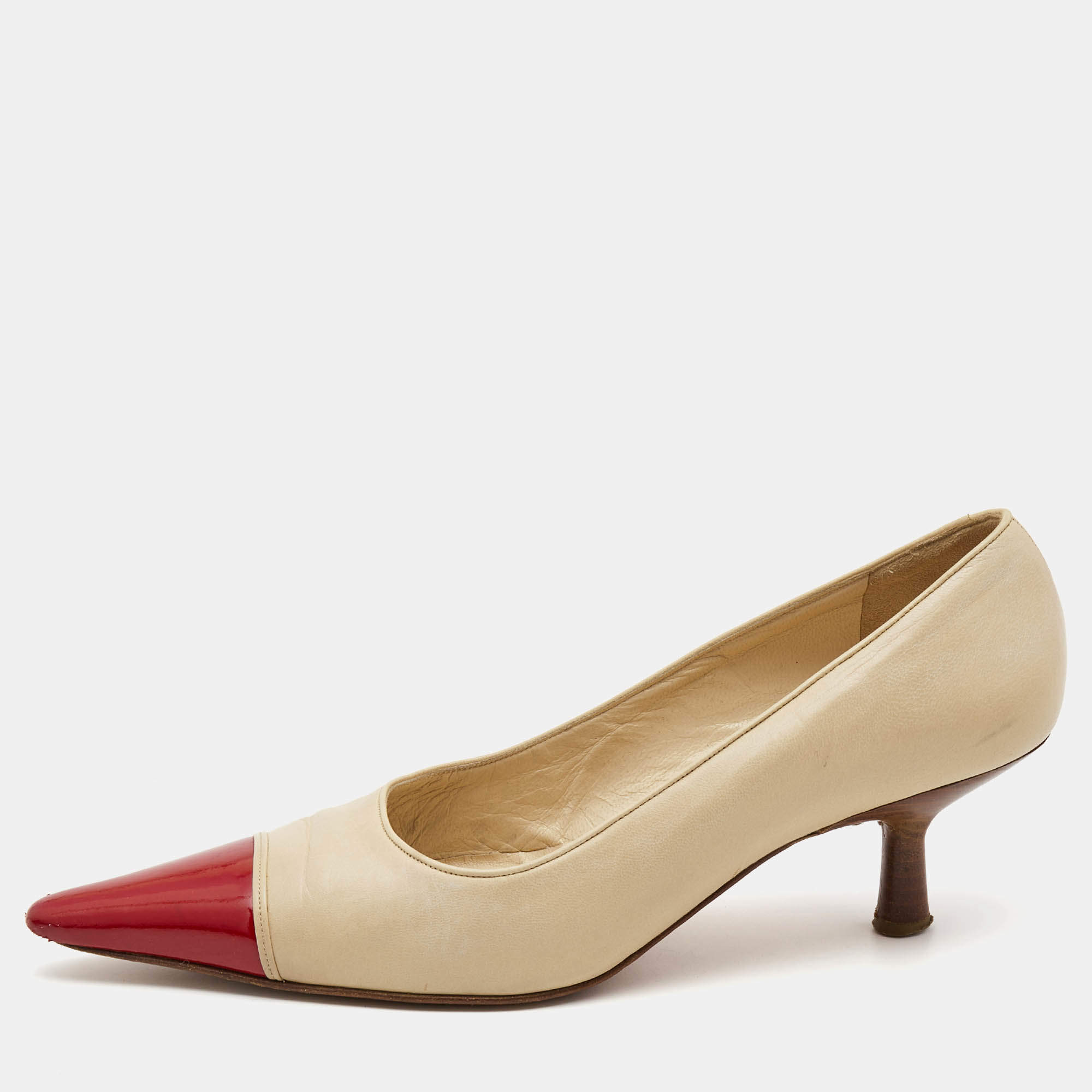 Chanel Beige/Red Patent and Leather Pointed Toe Pumps Size 38.5 Chanel