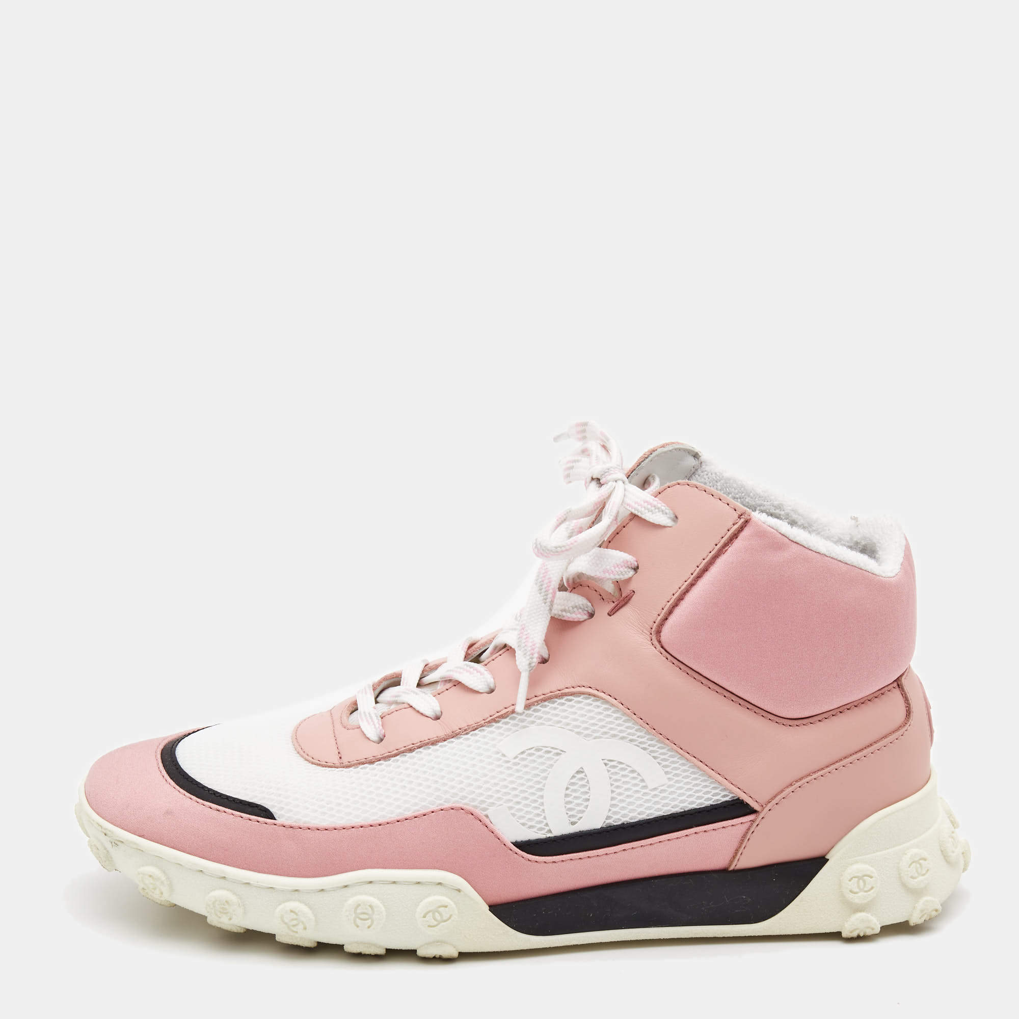Chanel Pink/White Fabric and Mesh CC High Top Sneakers Size 37.5