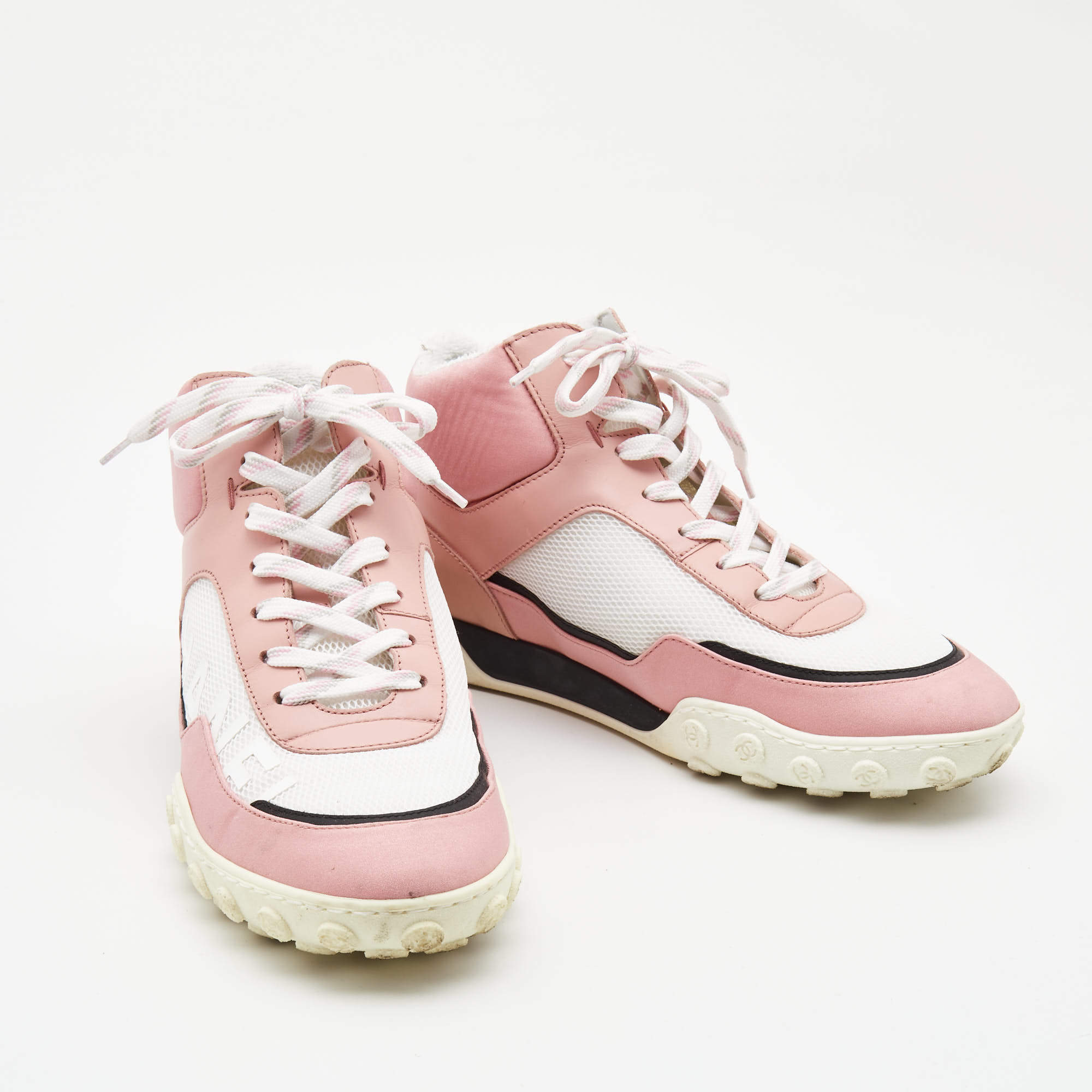 Chanel Pink/White Fabric and Mesh CC High Top Sneakers Size 37.5 Chanel