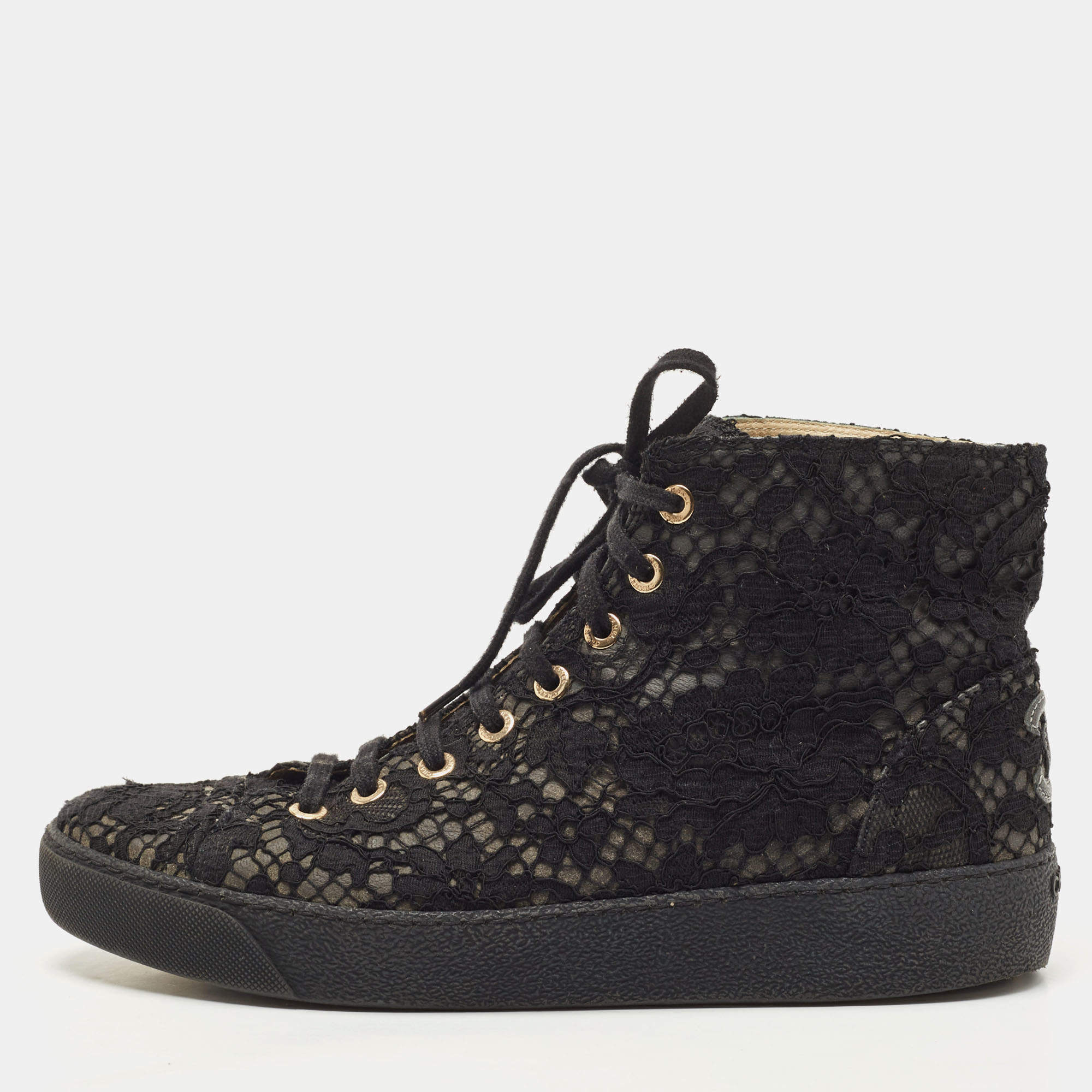 Pre Owned Chanel Black Lace CC High Top Sneakers Size 38
