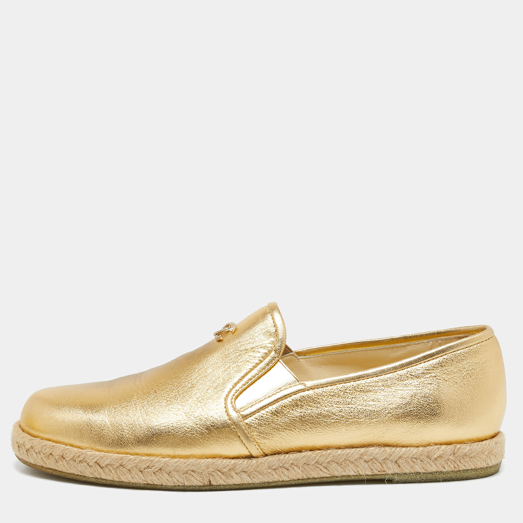 Pre Owned Chanel Metallic Gold Leather CC Slip On Espadrilles Flats Size 39.5