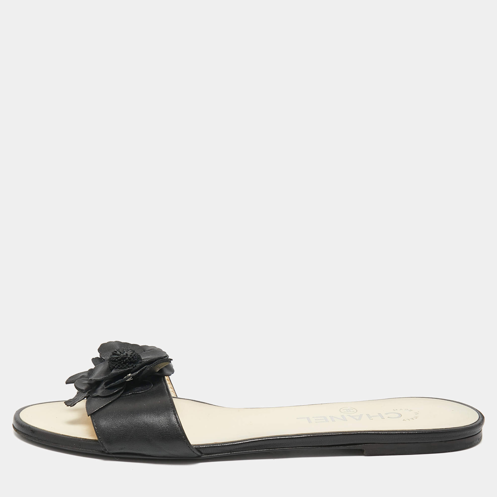 Pre Owned Chanel Black Leather CC Camelia Flat Slides Size 39