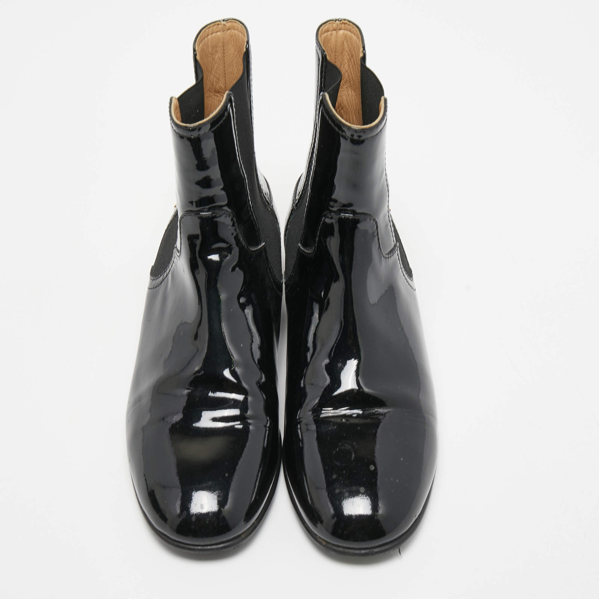 Chanel Black Patent Leather CC Chelsea Boots Size 39.5 Chanel TLC