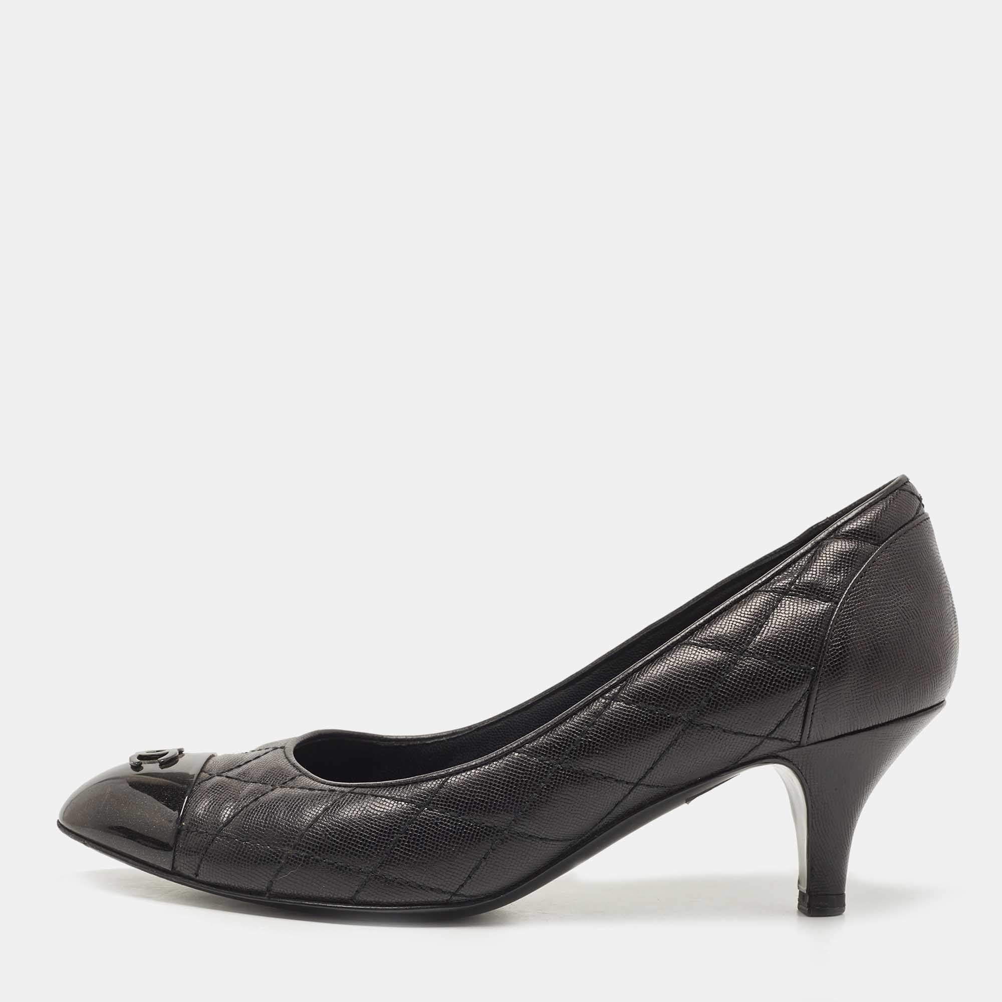 Chanel Black Quilted Leather and CC Cap Toe Pumps Size 37