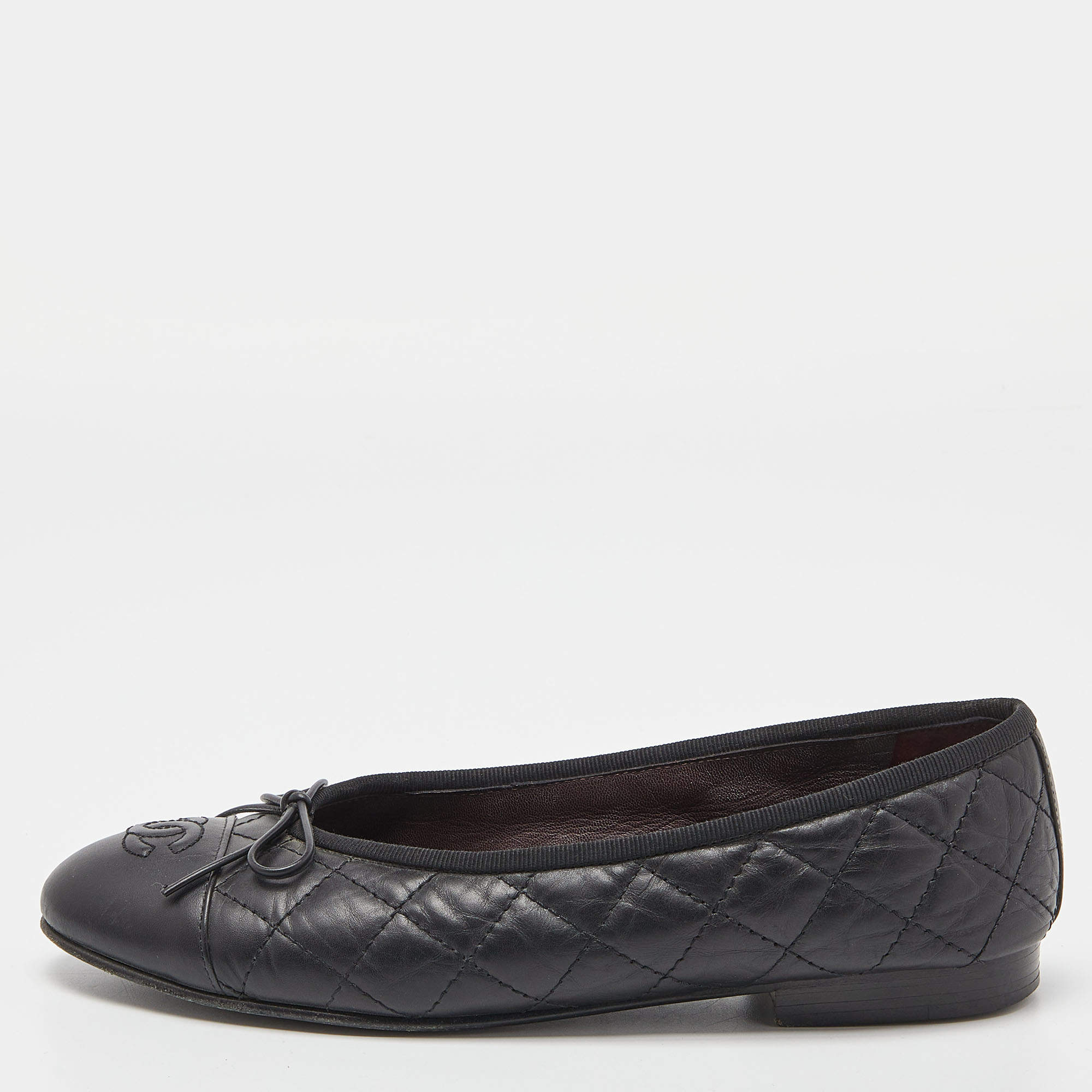 Chanel Black Quilted Leather CC Bow Ballet Flats Size 36.5