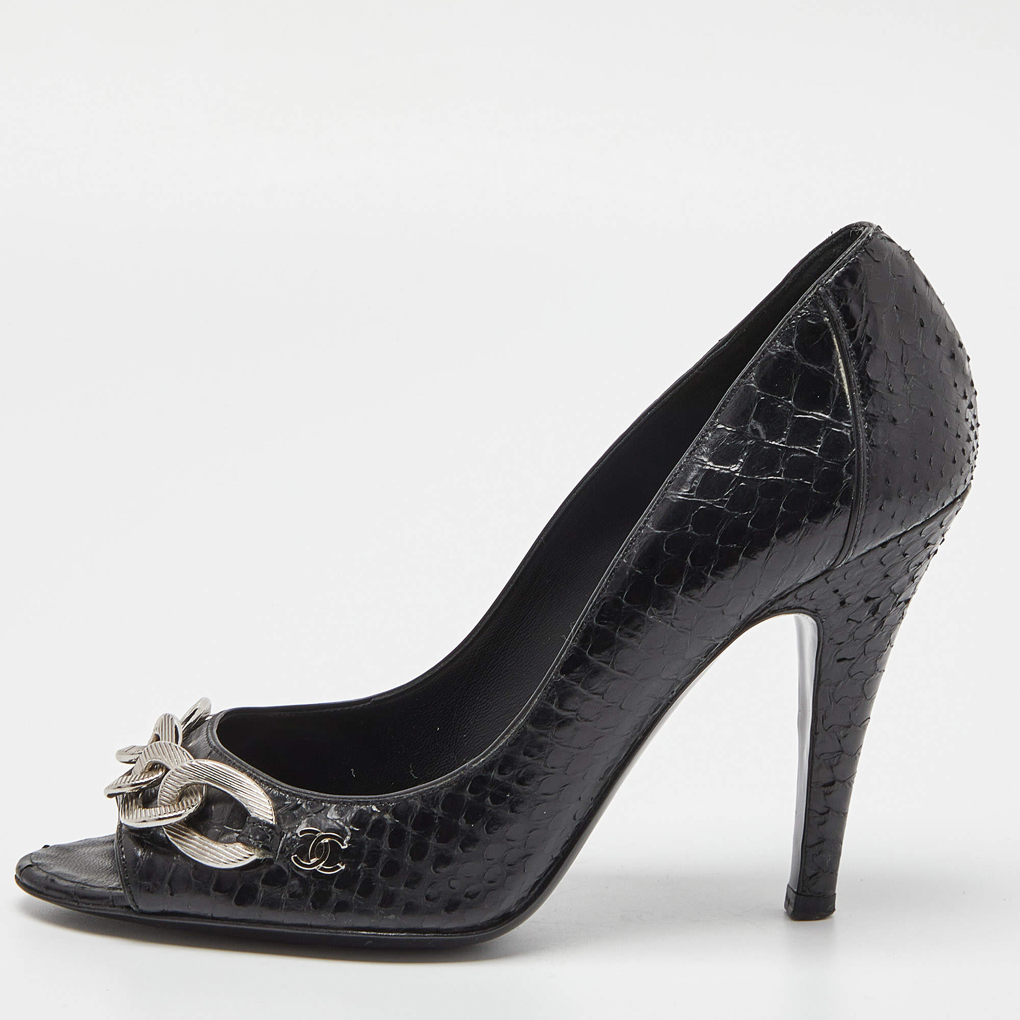 Pre Owned Chanel Black Python CC Chain Detail Peep Toe Pumps Size 37