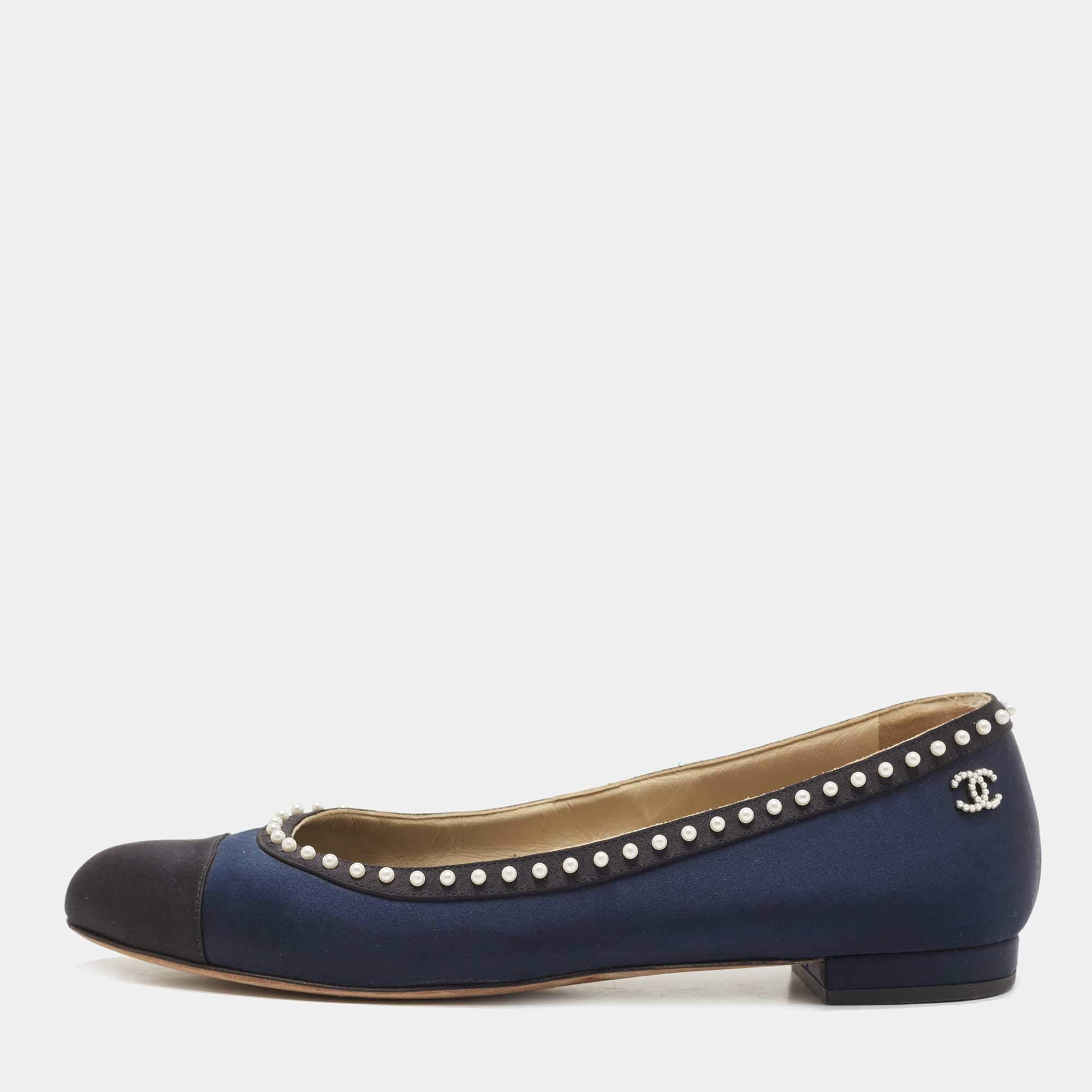 Pre Owned Chanel Navy Blue Satin Pearl Embellished Cap Toe Ballet Flats Size 40