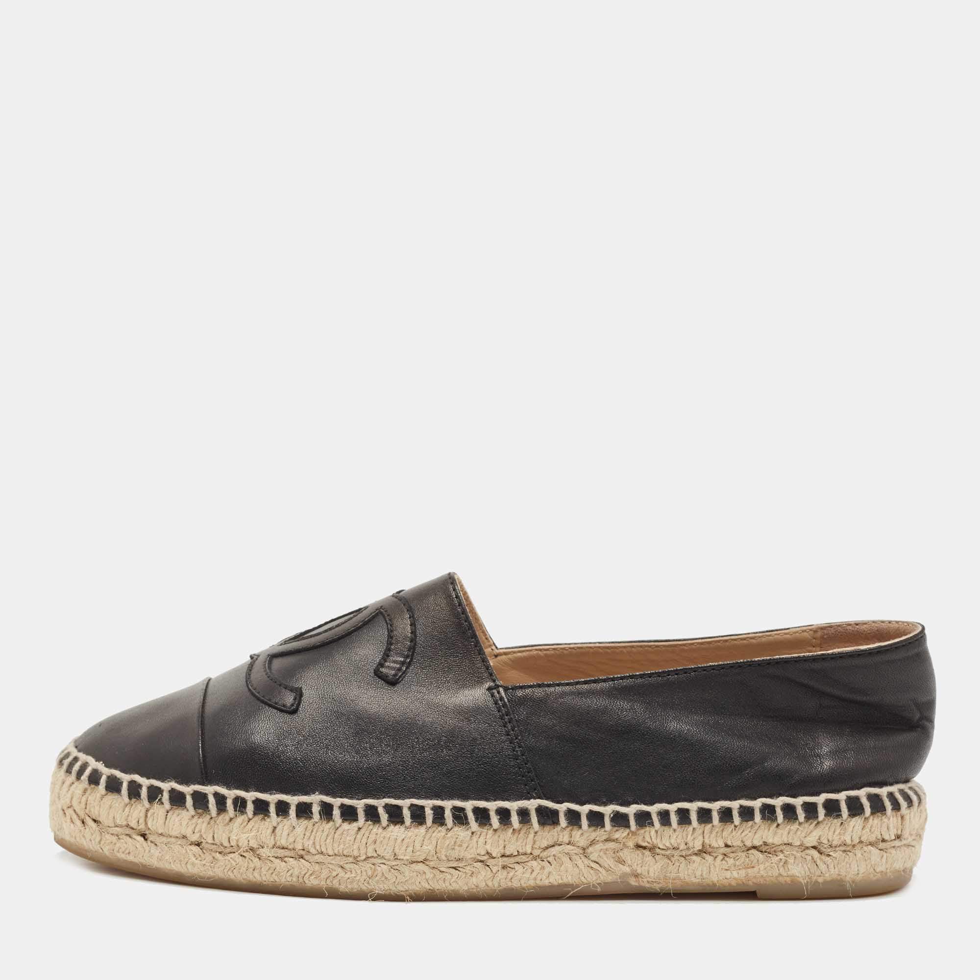 Chanel Black Leather CC Cap Toe Espadrilles Flats Size 38