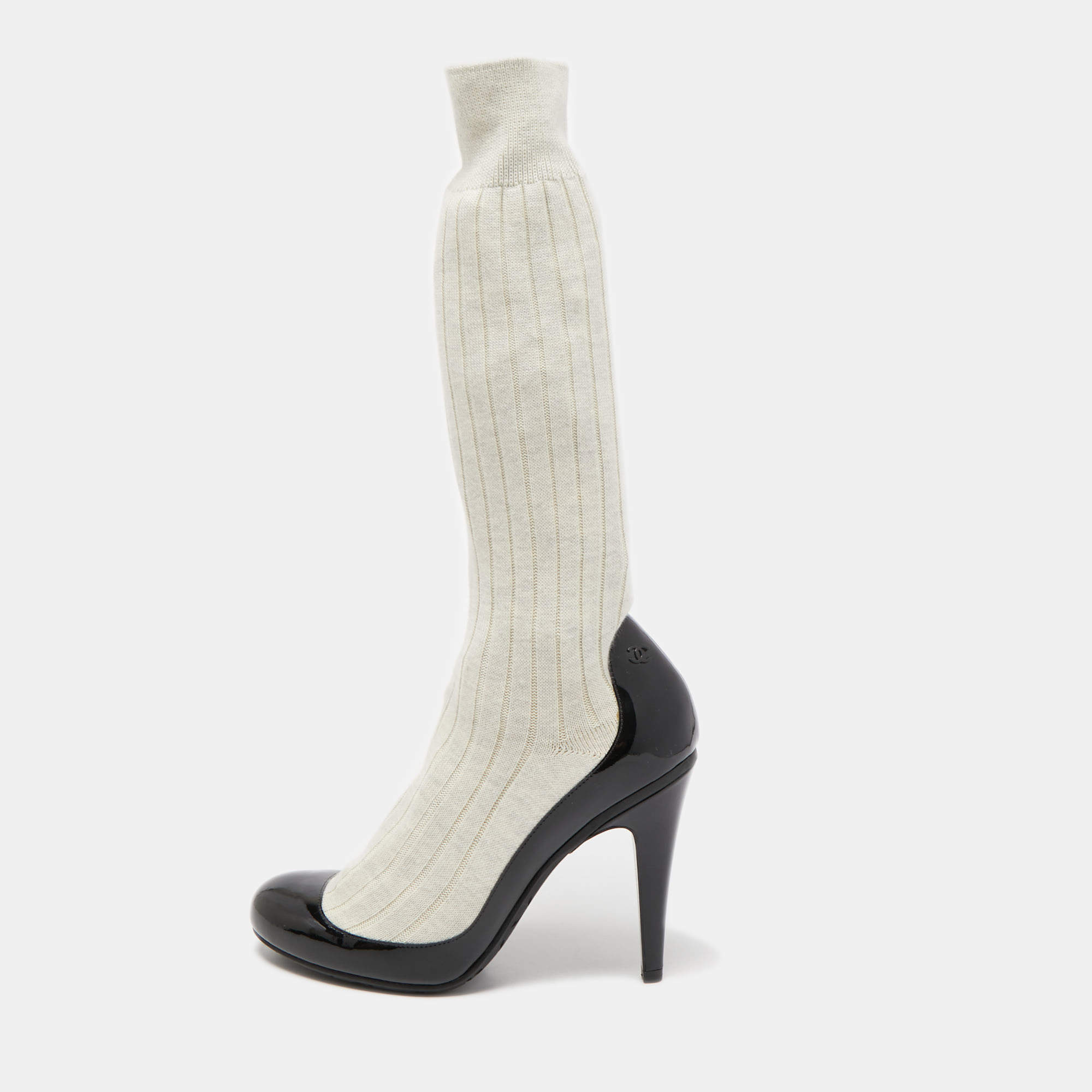 Chanel Two Tone Patent Leather and Fabric Sock CC Booties Size 37.5