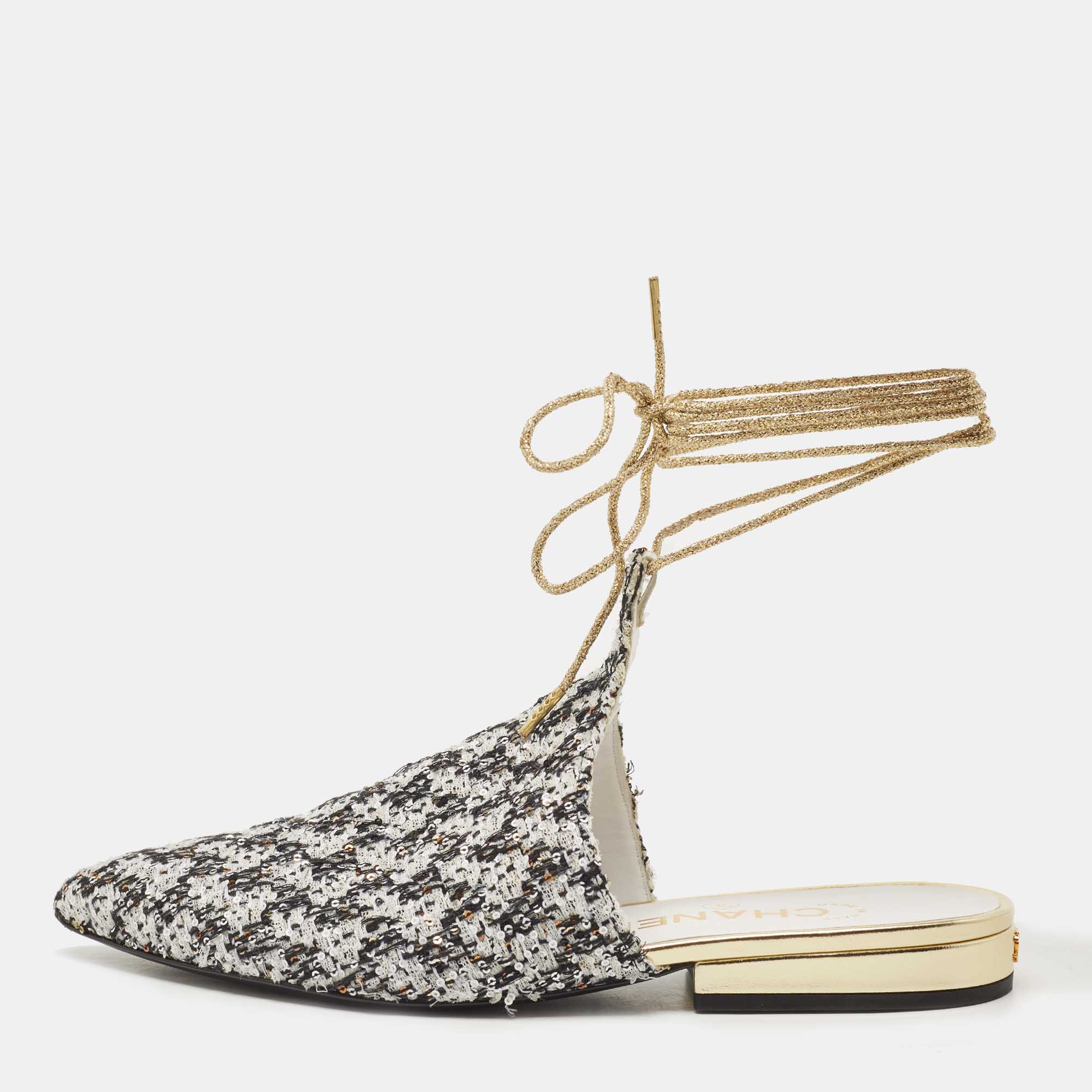 Chanel White/Black Tweed and Sequins Babouche Ankle Wrap Mules Size 35.5