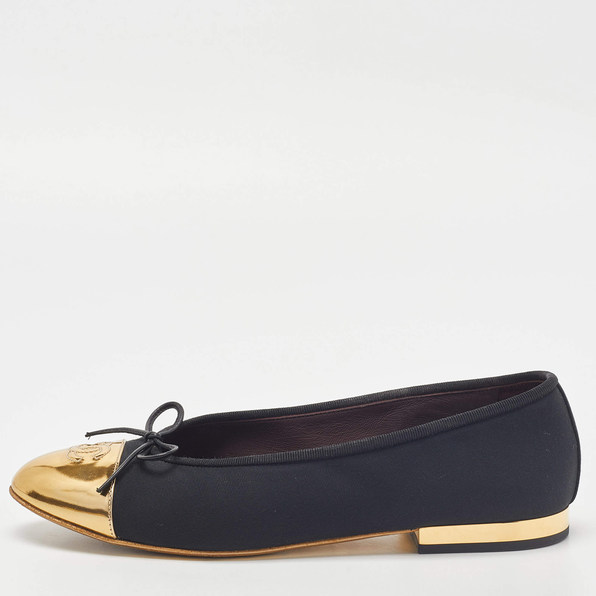Chanel Black/Gold Canvas and Leather CC Cap Toe Bow Ballet Flats Size 38.5