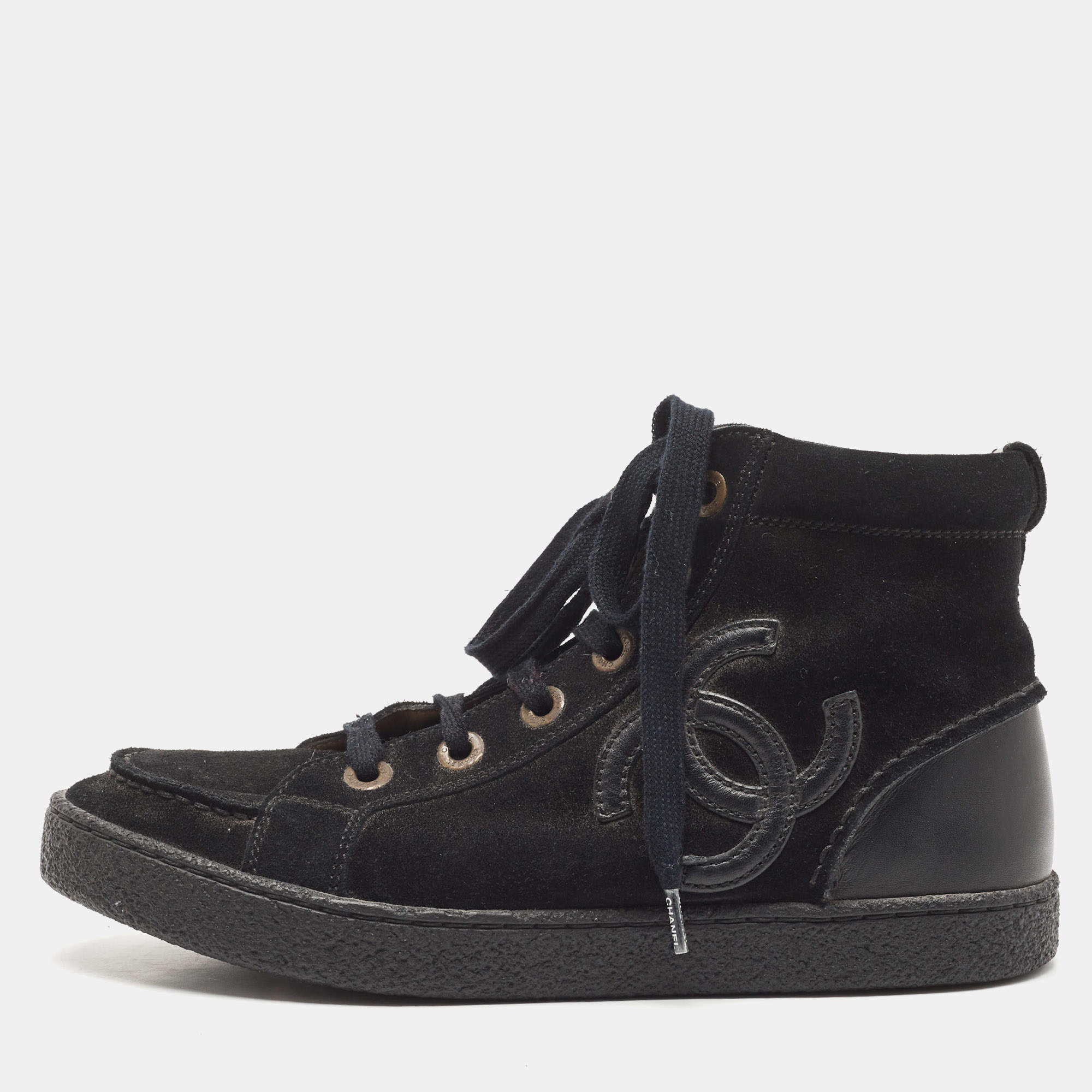 Pre Owned Chanel Black Leather and Suede CC High Top Sneakers Size 37