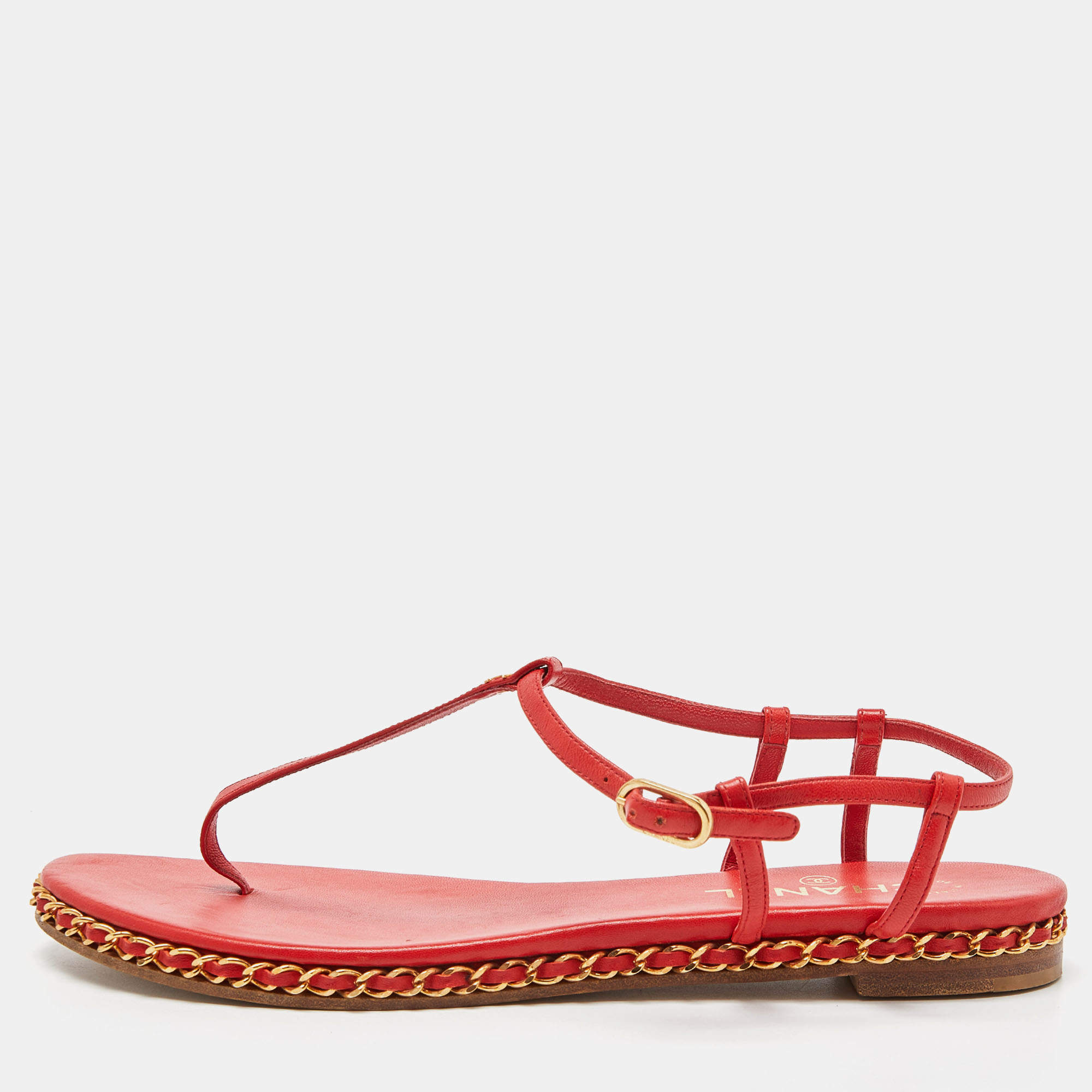 Chanel Red Leather CC Chain Flat Ankle Strap Sandals Size 41