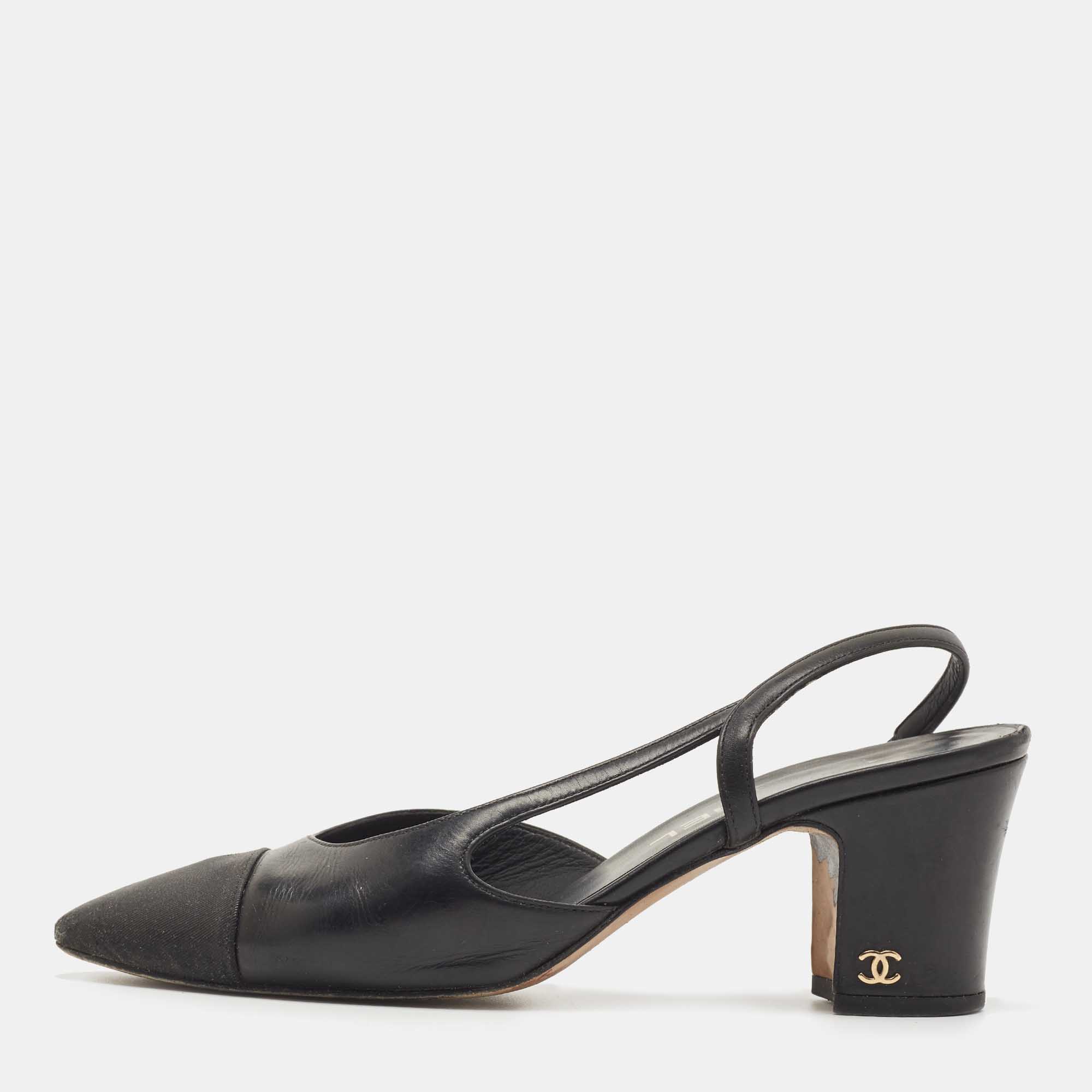 Chanel Black Leather And Canvas CC Slingback Pumps Size 37.5