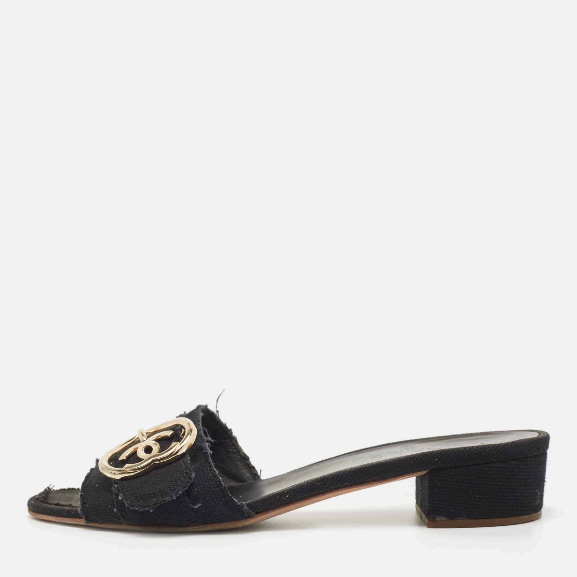 Chanel Black Canvas Logo Slides Size 41.5