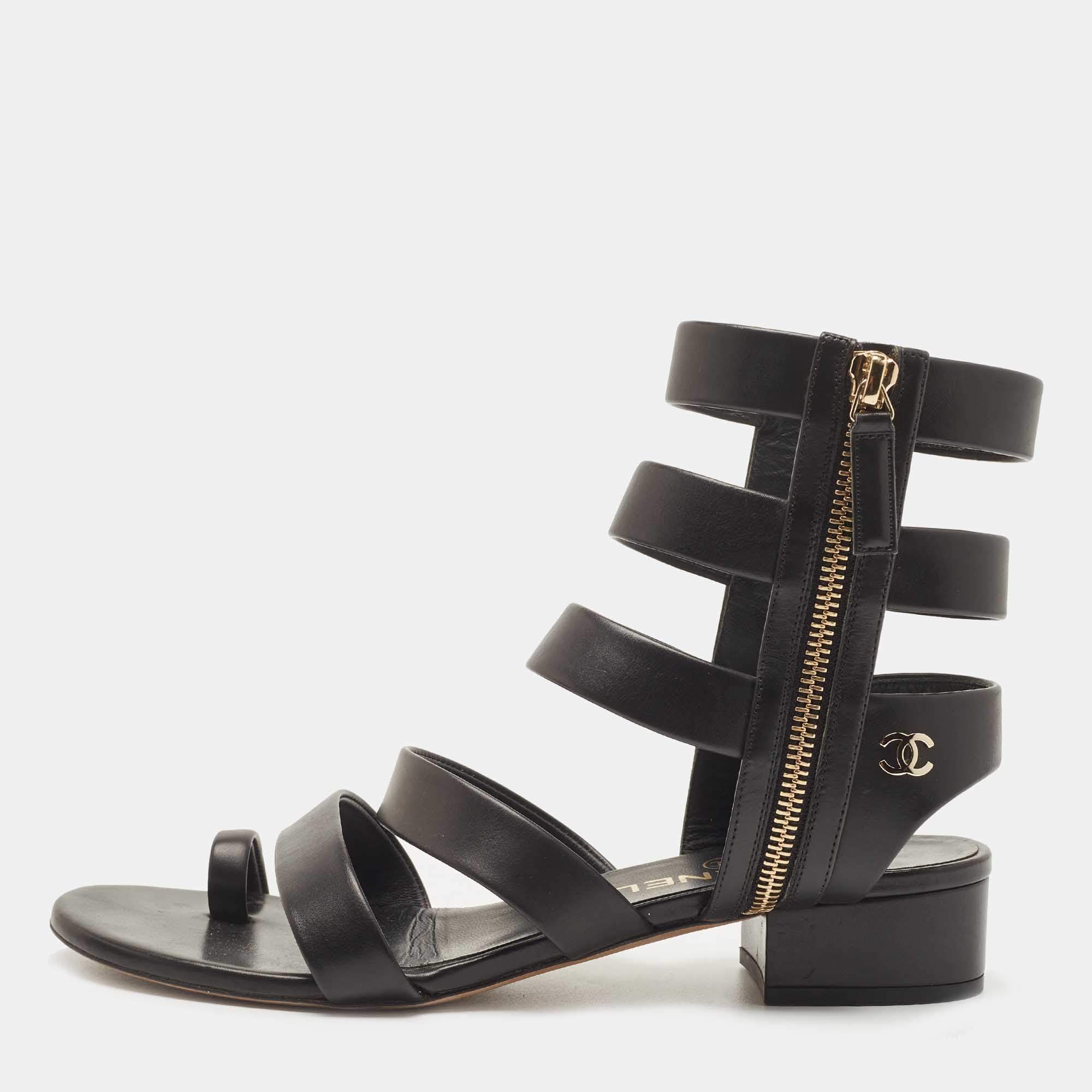 CHANEL Column Gold Leather Heels Sandals Gladiator Women's - ShopperBoard