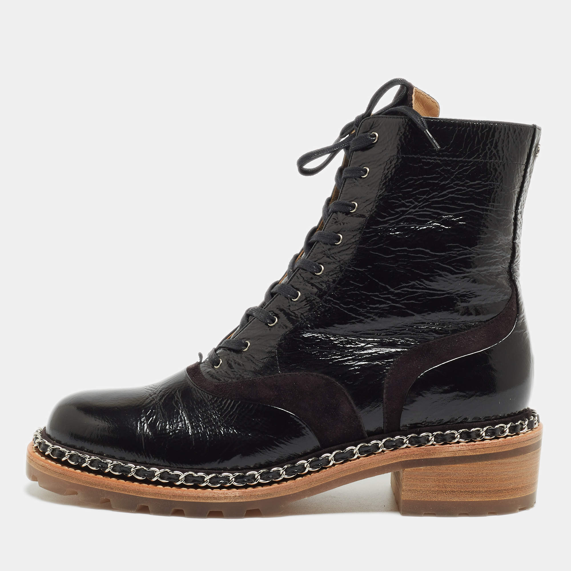 Pre Owned Chanel Black Patent Leather Chain Detail Lace Up Boots Size 42