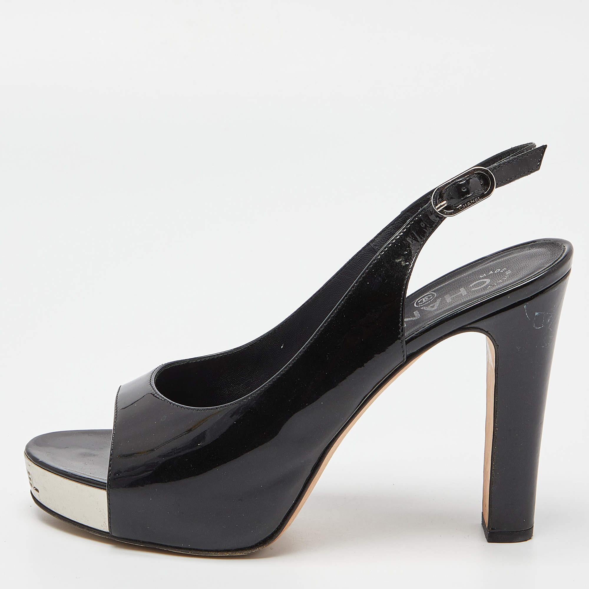 Chanel Black Patent Leather Open Toe Platform Slingback Sandals Size 38