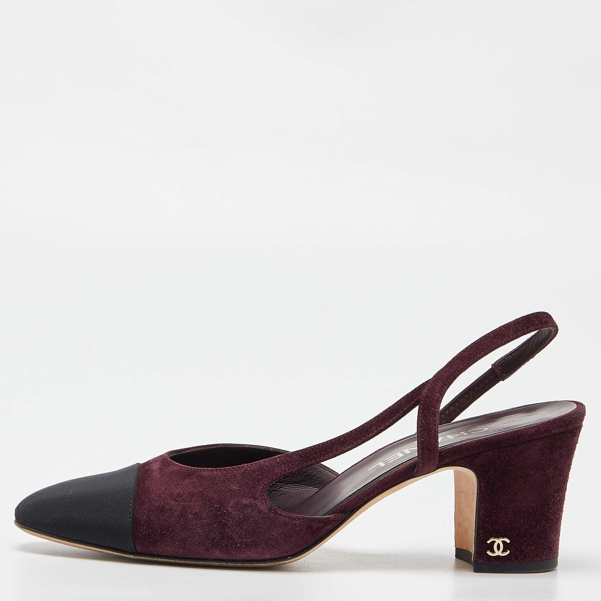 مملوكة مسبقًا Chanel Burgundy/Black Velvet and Canvas Block Heels Slingback Sandals Size 39