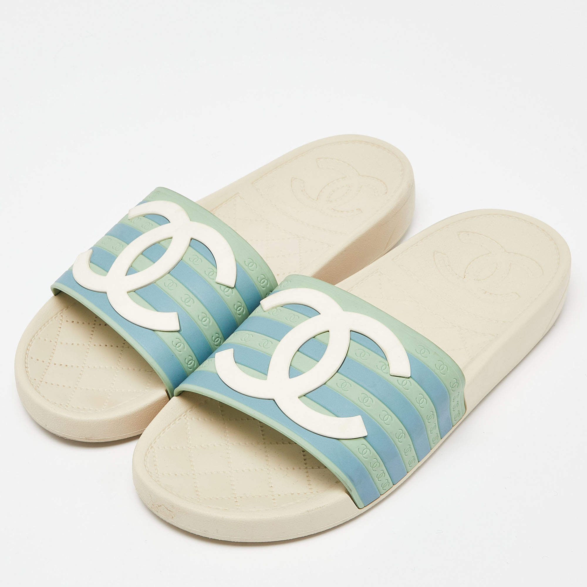 Chanel Quilted Leather CC Logo Sandals Green Pink Blue 37.5