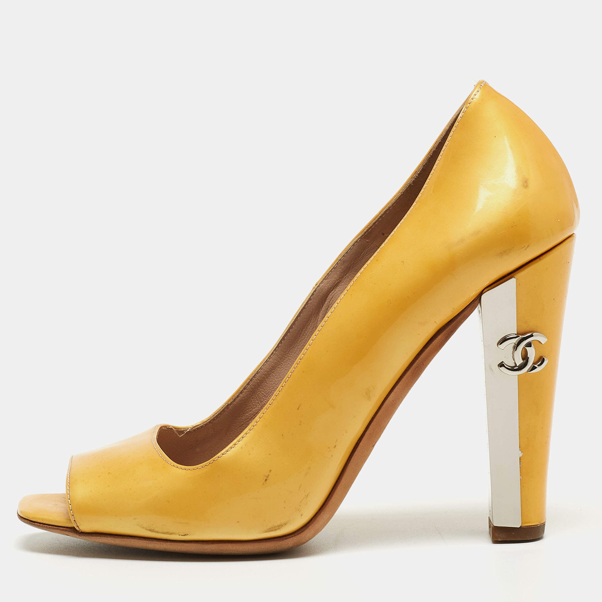 Chanel Yellow Patent Leather Peep Toe Block Heel Pumps Size 36