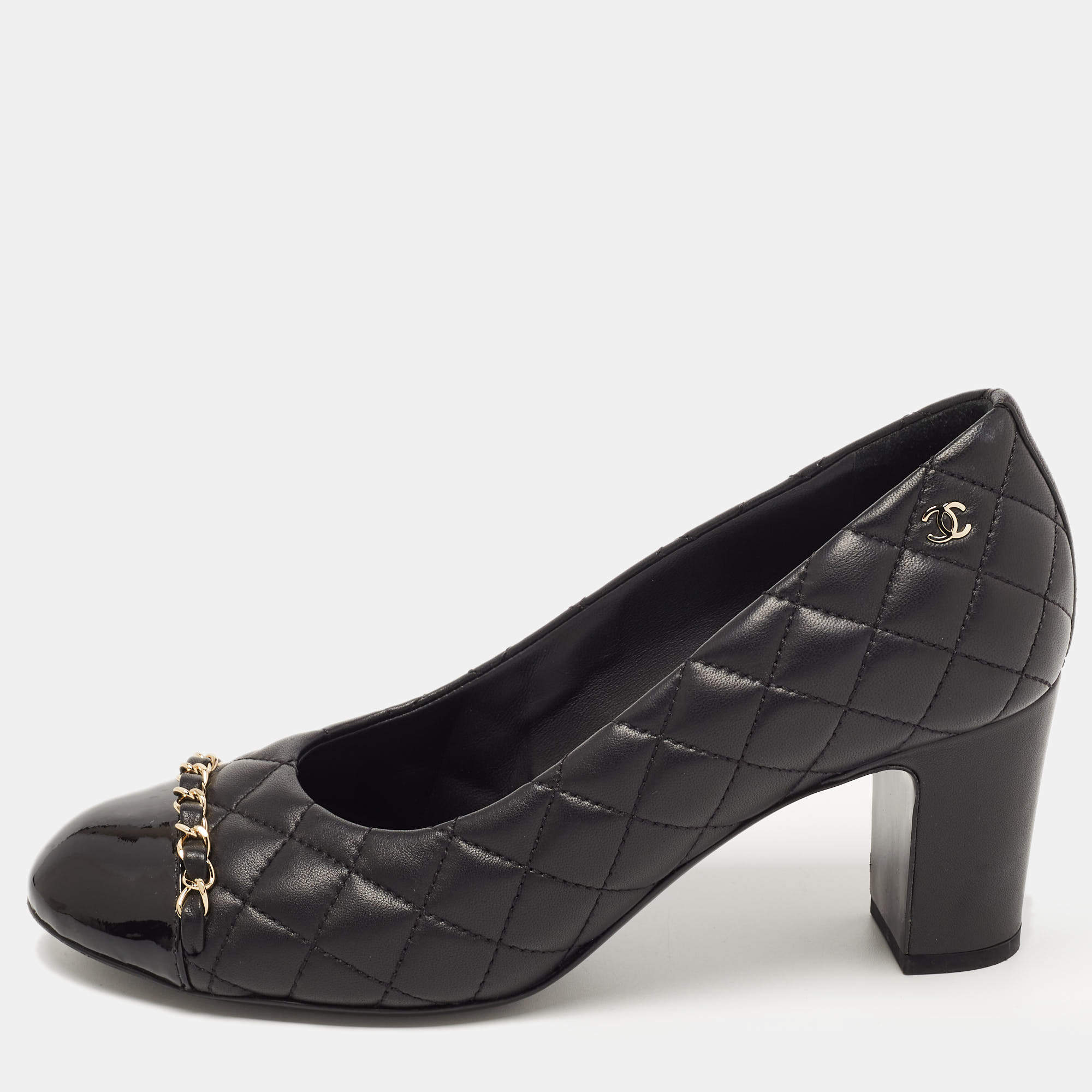 Chanel Black Quilted Leather CC Chain Cap Toe Pumps Size 38