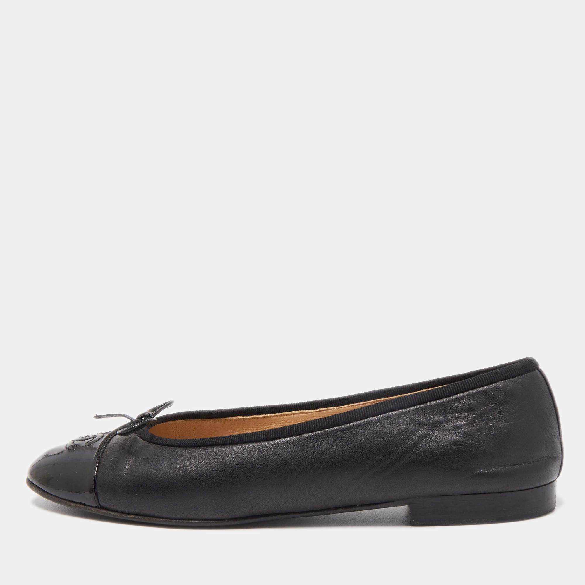 Chanel Black Leather Bow CC Cap Toe Ballet Flats Size 40