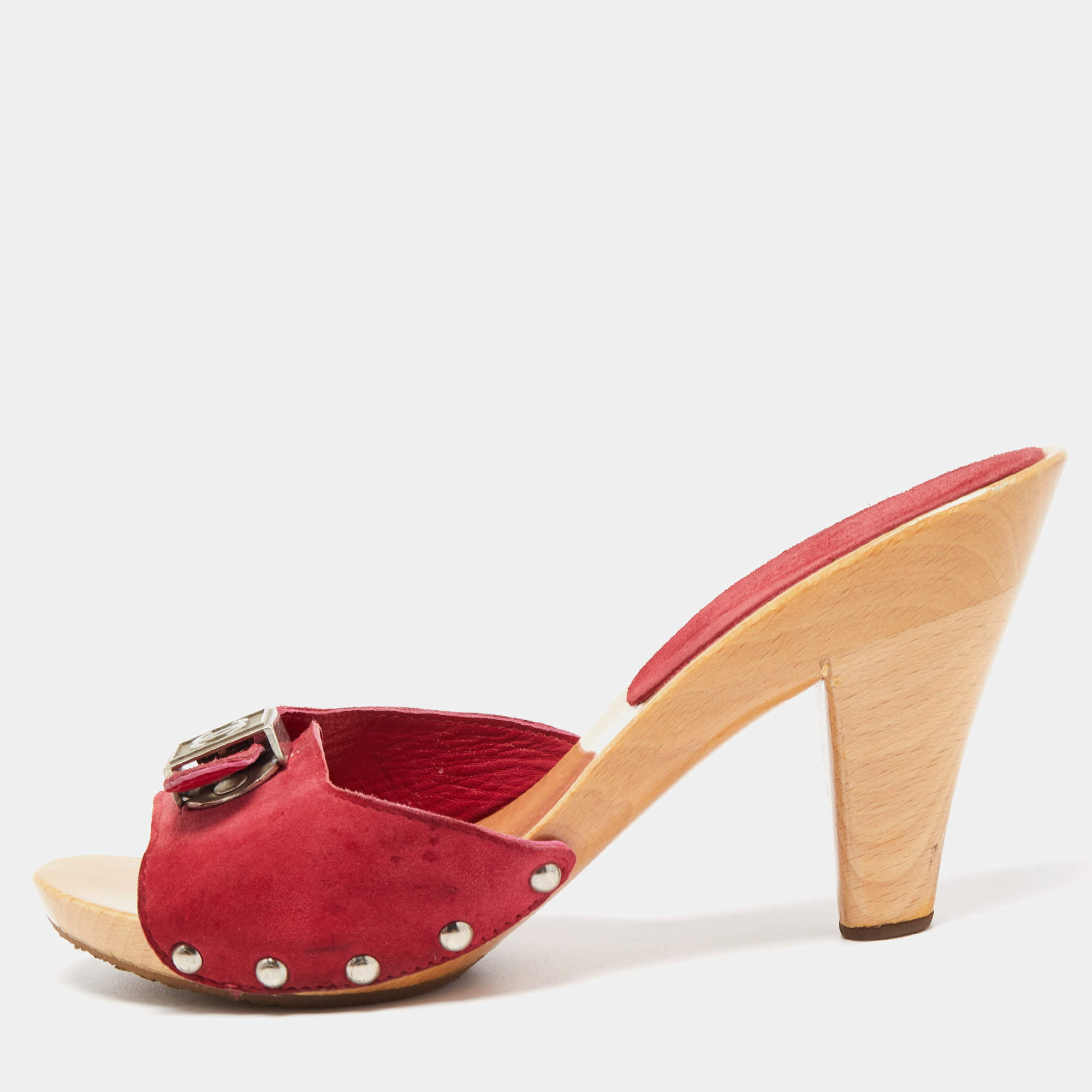 Chanel Red Suede CC Buckle Wooden Clogs Size 35 Chanel