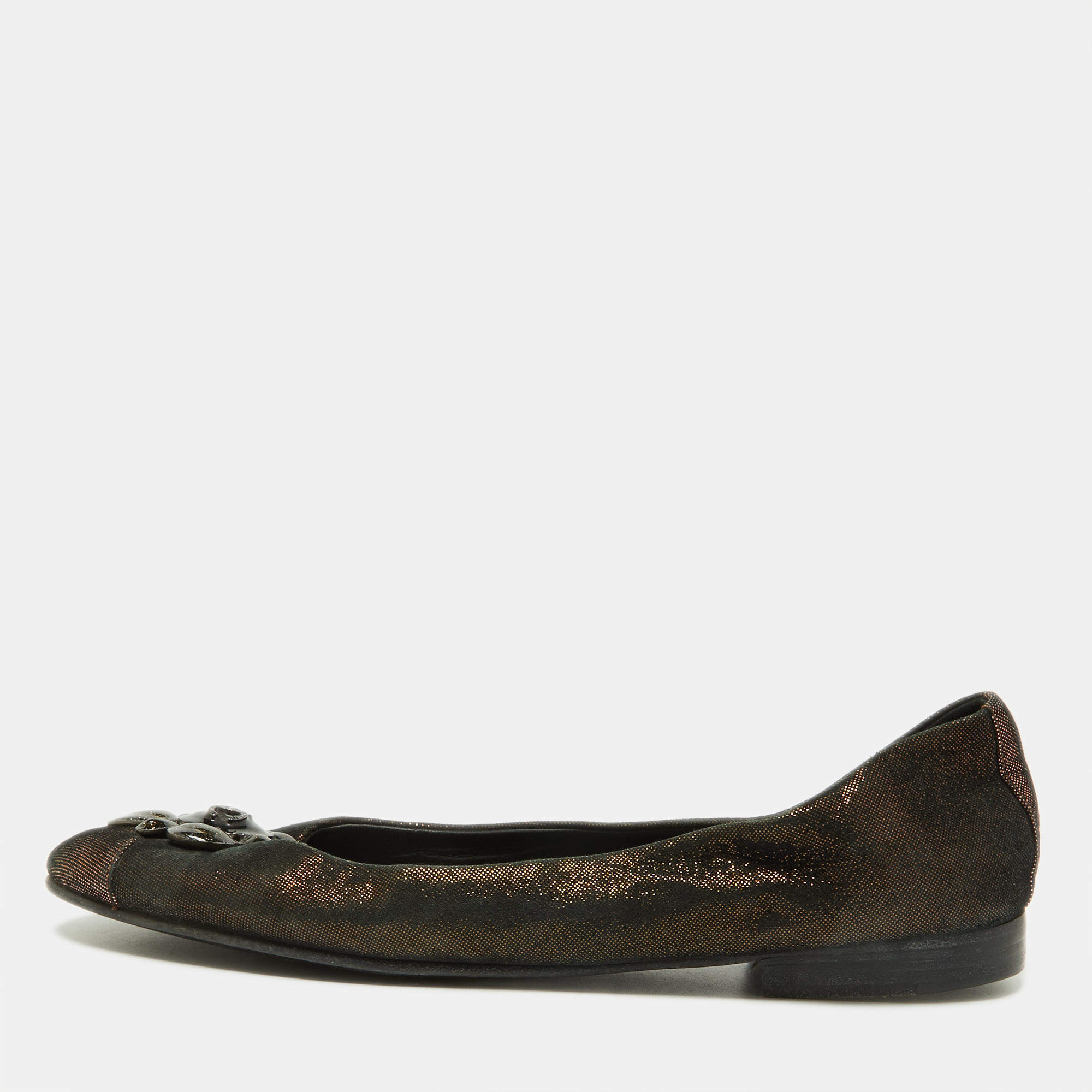Pre Owned Chanel Metallic Iridescent Suede Embellished Ballet Flats Size 38.5