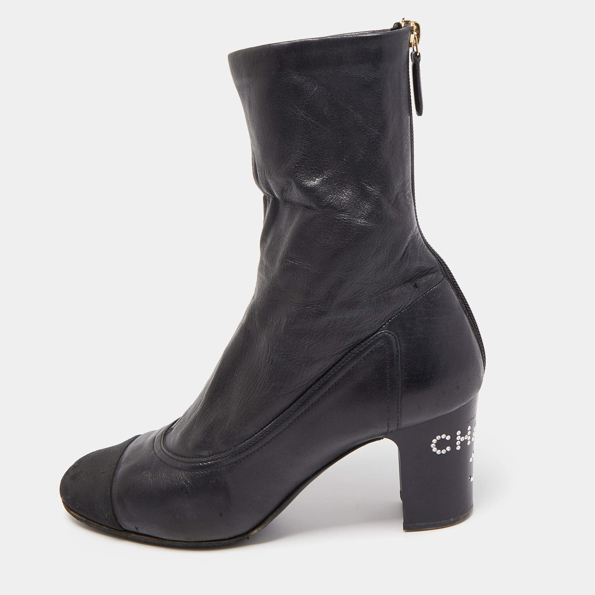 Chanel Black Canvas and Leather CC Cap Toe Ankle Boots Size 39