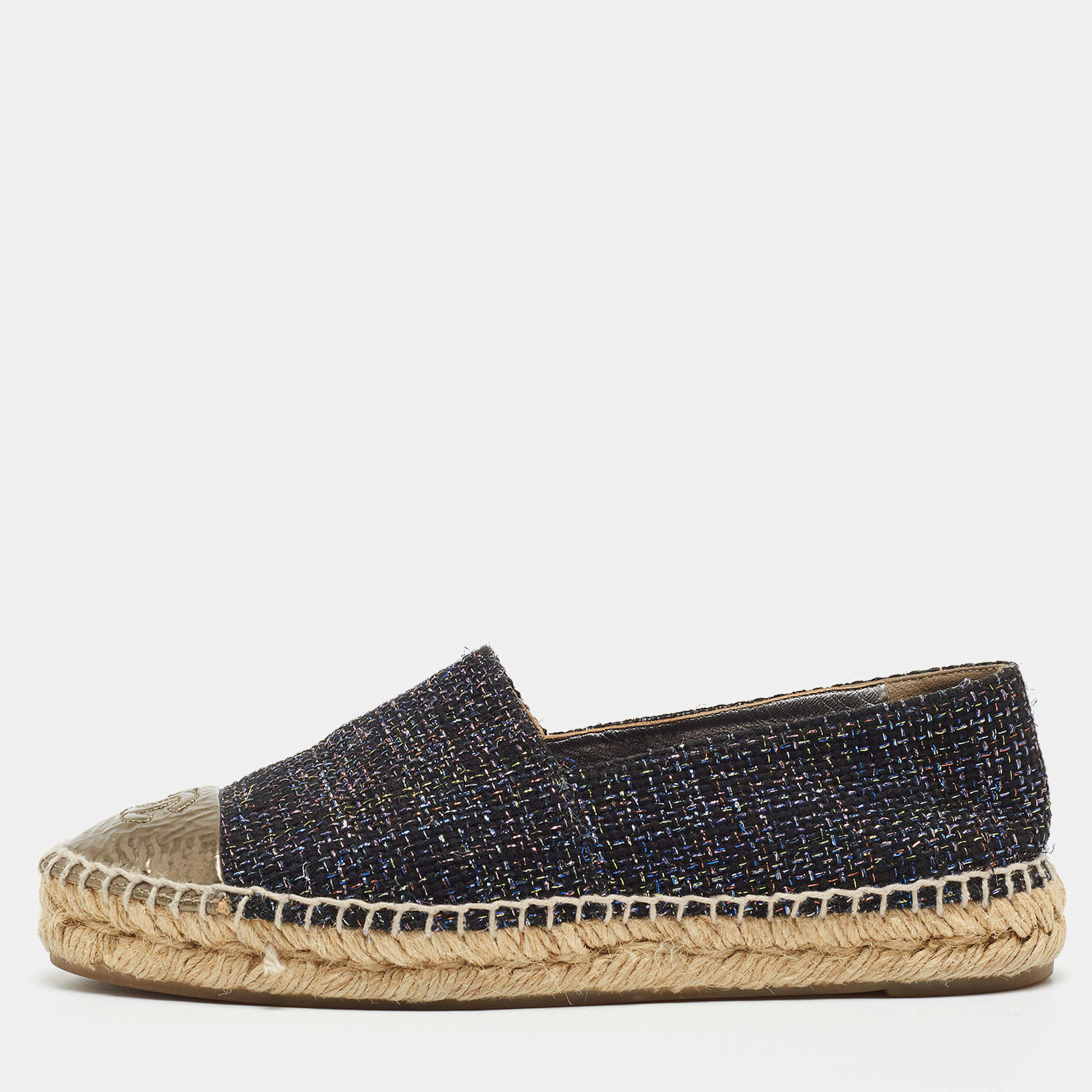 Chanel Multicolor Woven Fabric and Leather, CC Cap Toe Ballet Flats Size 37