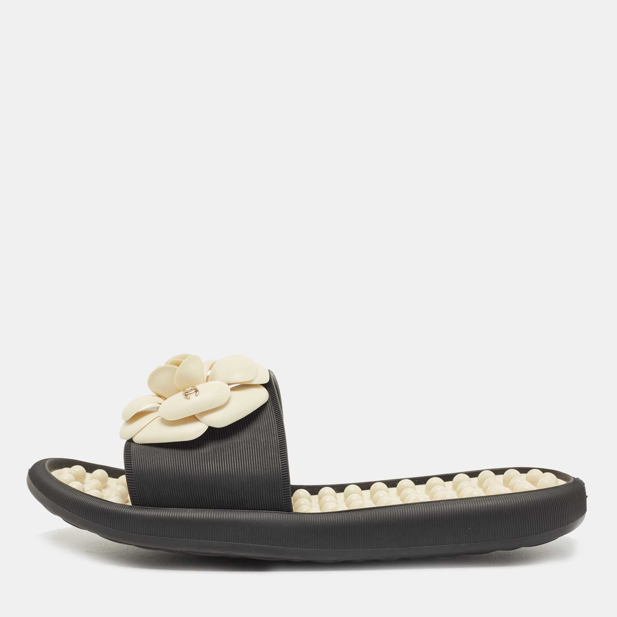 Chanel Black Rubber CC Camellia Flat Slides Size 36 