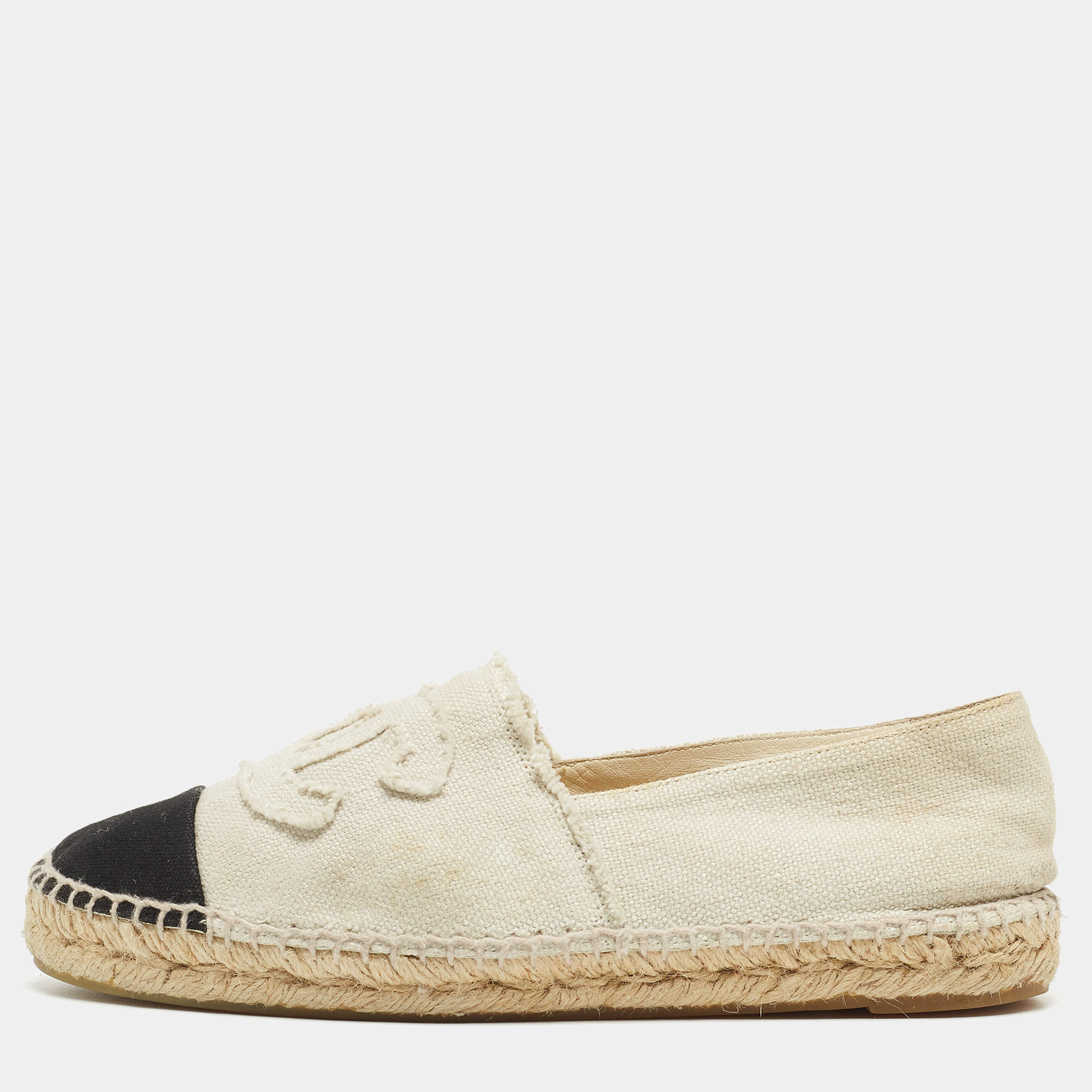 Pre Owned Chanel Cream Canvas CC Cap Toe Espadrille Flats Size 41