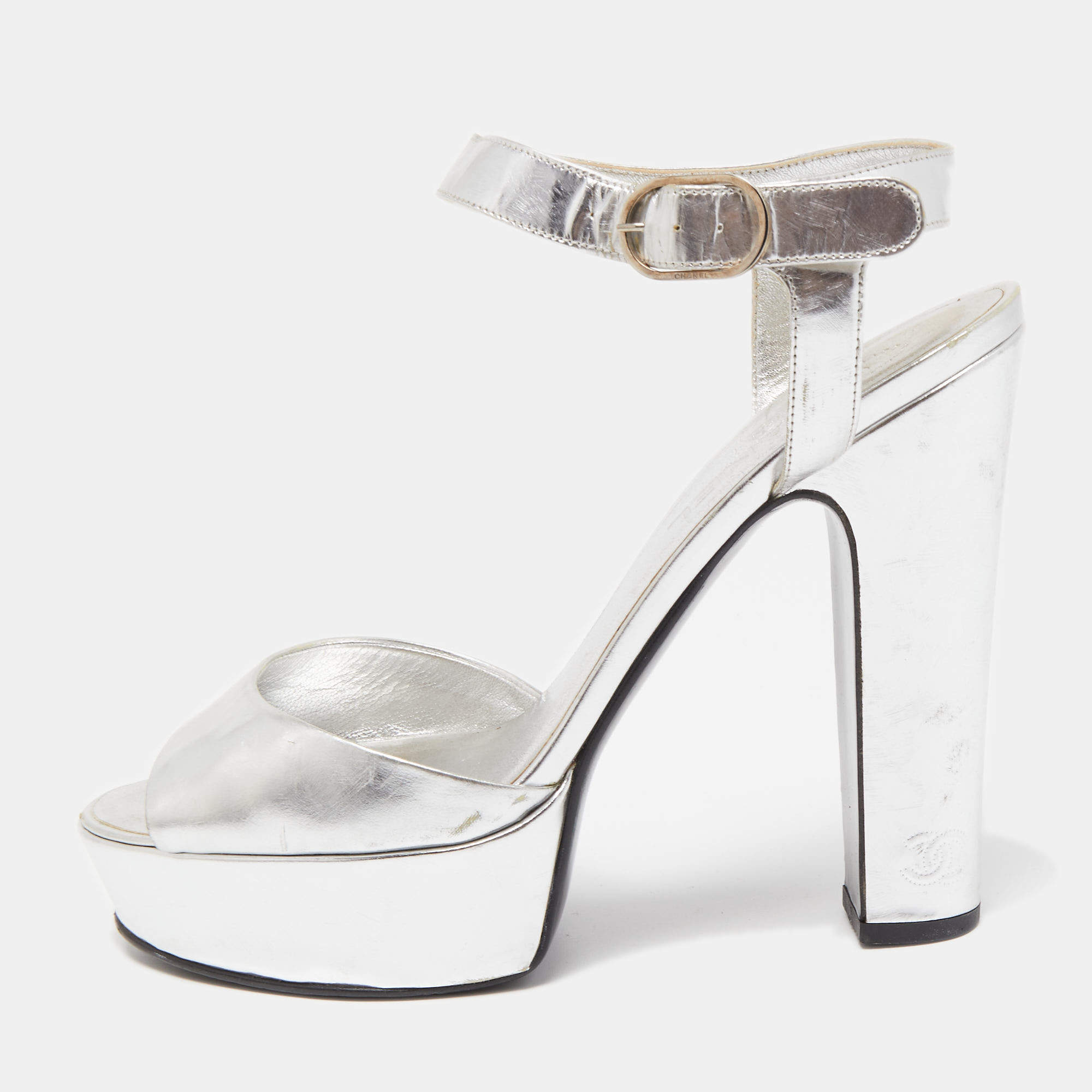 Chanel Silver Leather Platform Ankle Strap Sandals Size 40