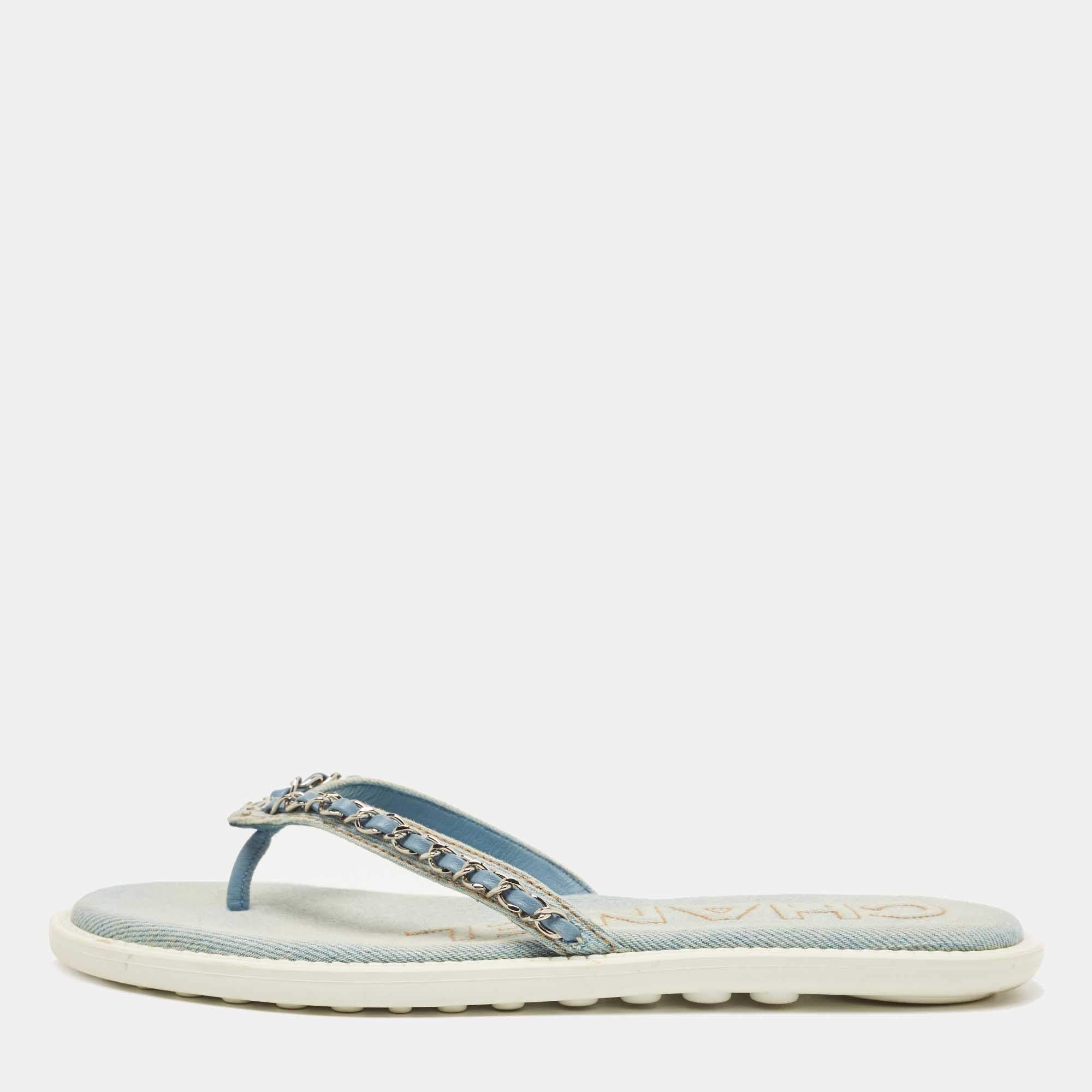 Pre Owned Chanel Blue Denim Thong Sandals Size 38