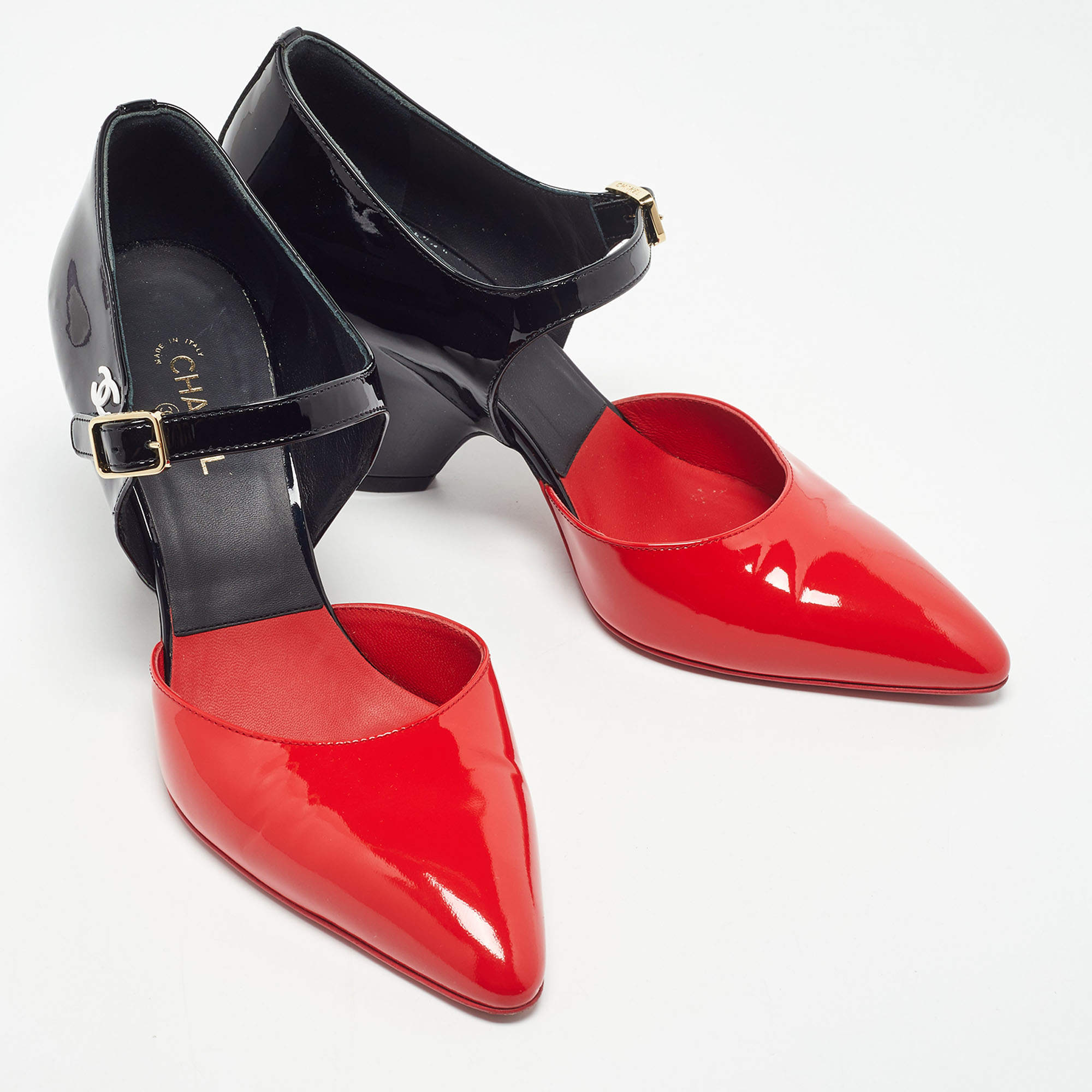 Chanel Red/Black Patent Leather Mary Jane Wedge Pumps Size 38.5
