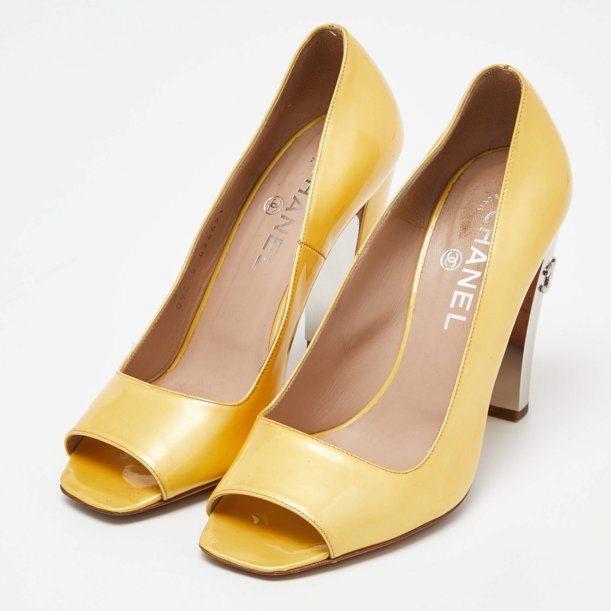 Chanel Yellow Patent Leather CC Open Toe Pumps Size 38 Chanel