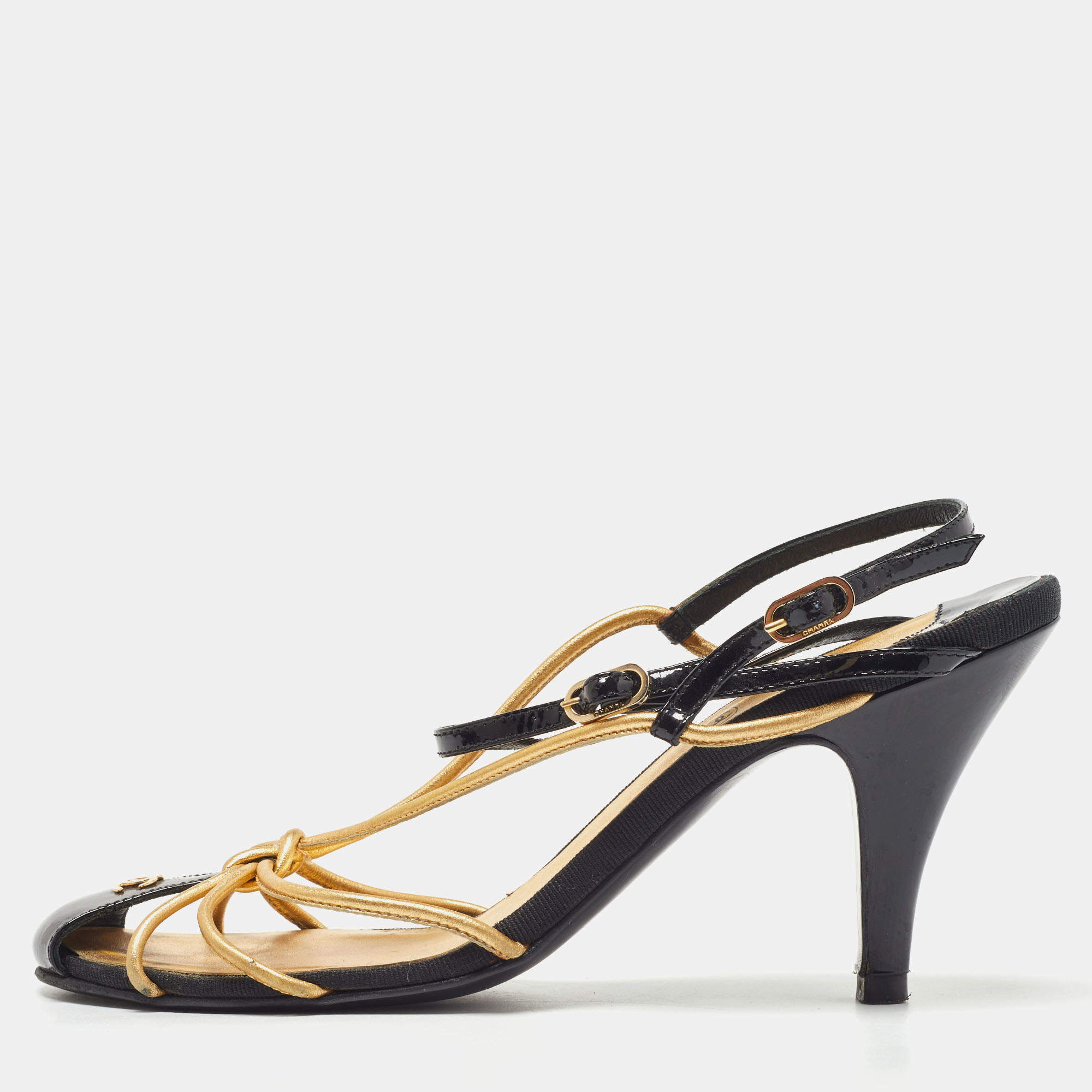 Chanel Gold/Black Leather and Patent CC Ankle Strap Sandals Size 38.5