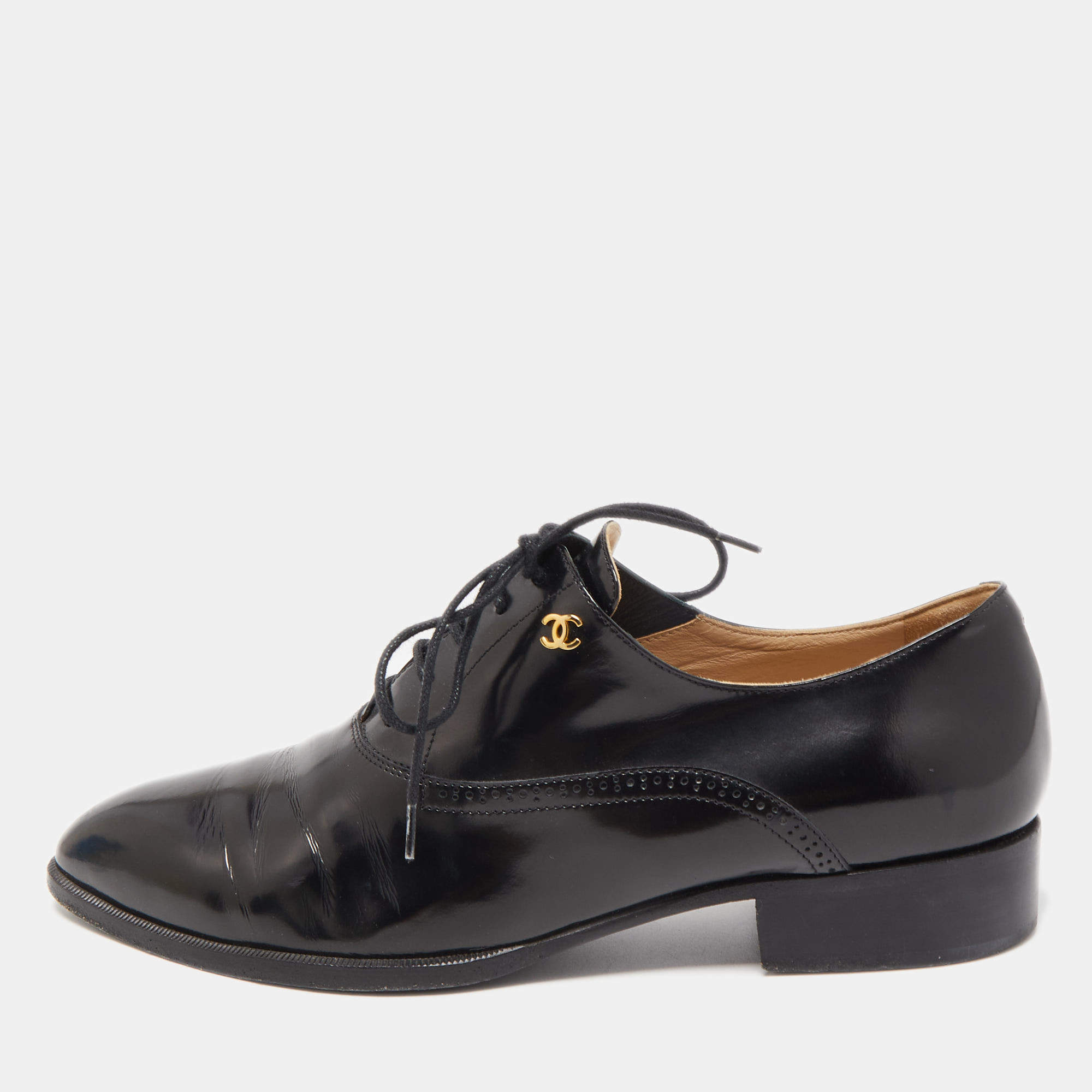 Chanel Black Leather Lace Up Oxfords Size 37.5