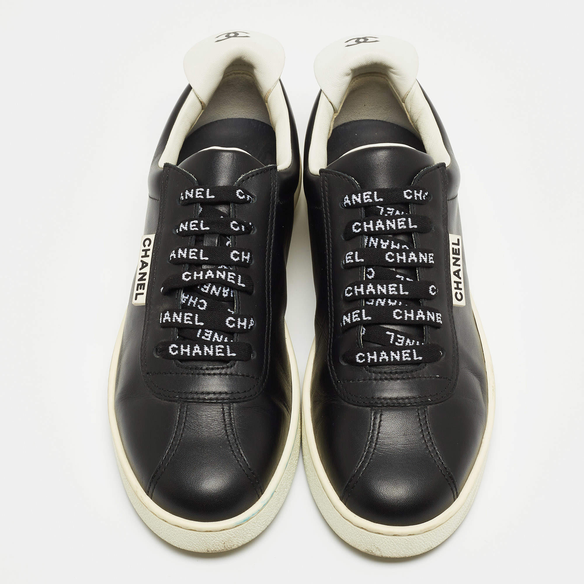 Chanel Black Leather CC Lace Up Sneakers Size 38 Chanel