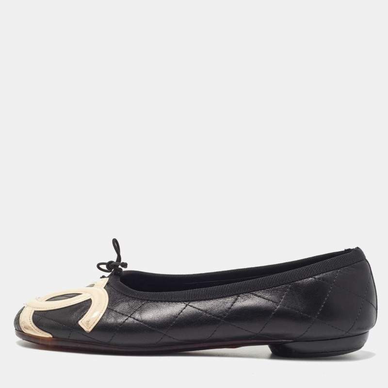 Chanel Black Quilted Leather CC Ligne Cambon Ballet Flats Size 36.5