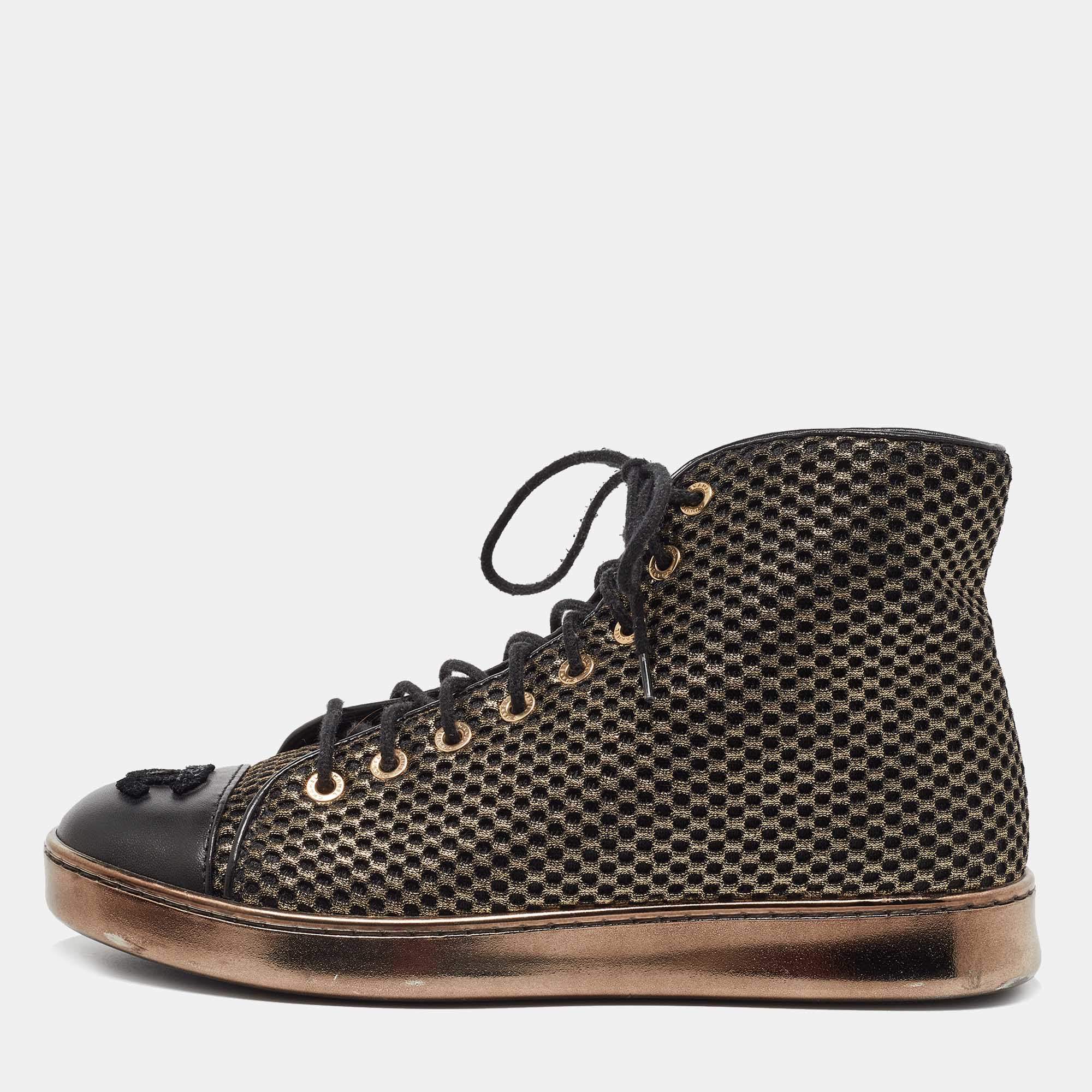 Pre Owned Chanel Metallic Gold/Black Mesh and Leather CC High Top Sneakers Size 36