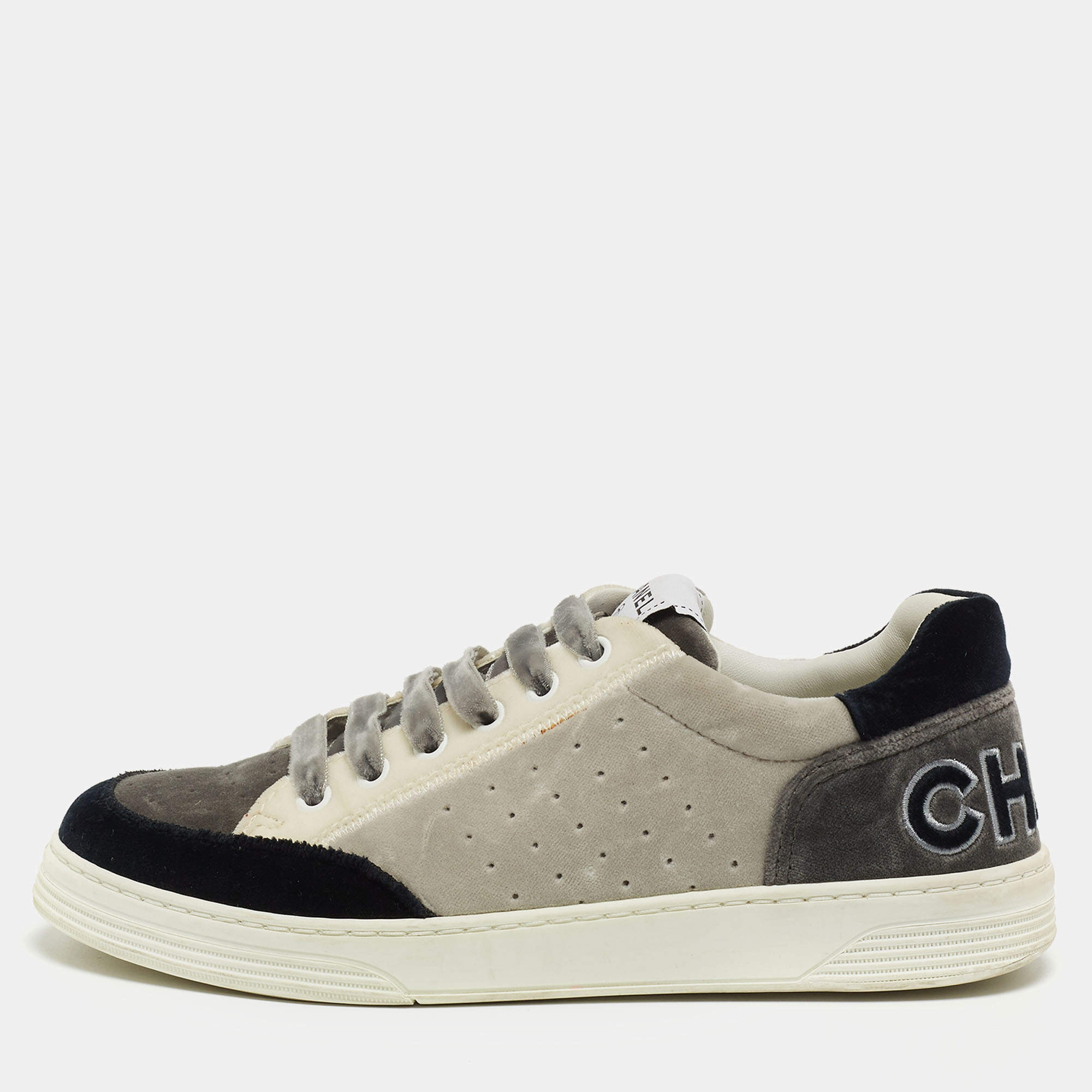 Chanel Tricolor Velvet Low Top Sneakers Size 38
