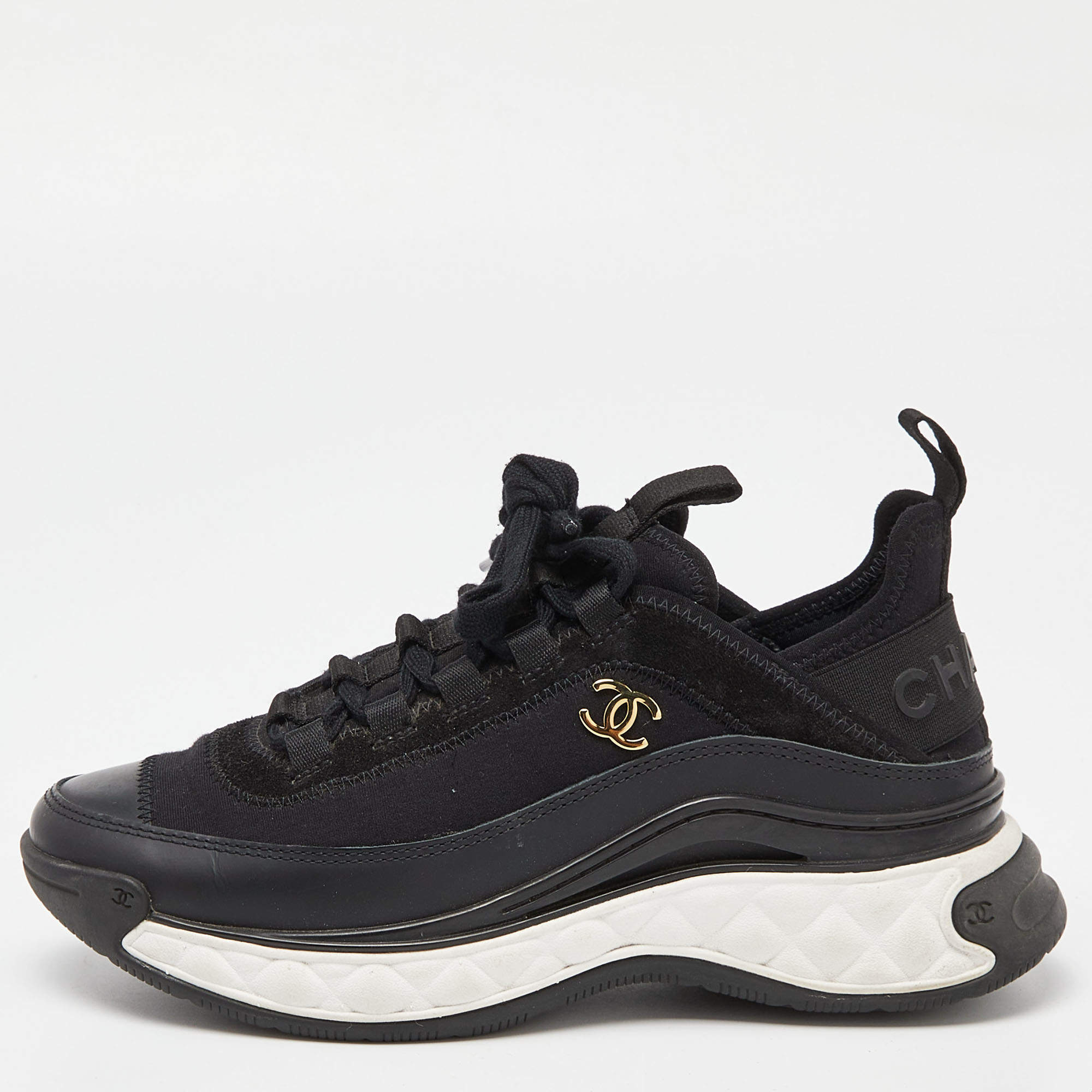 CHANEL Velvet Calfskin Mixed Fibers CC Sneakers 39 Black 1279995