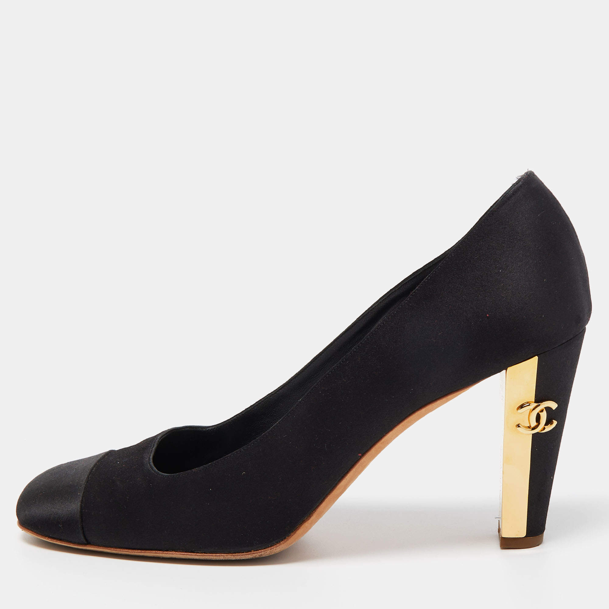 Chanel Black Satin CC Square Toe Pumps Size 42