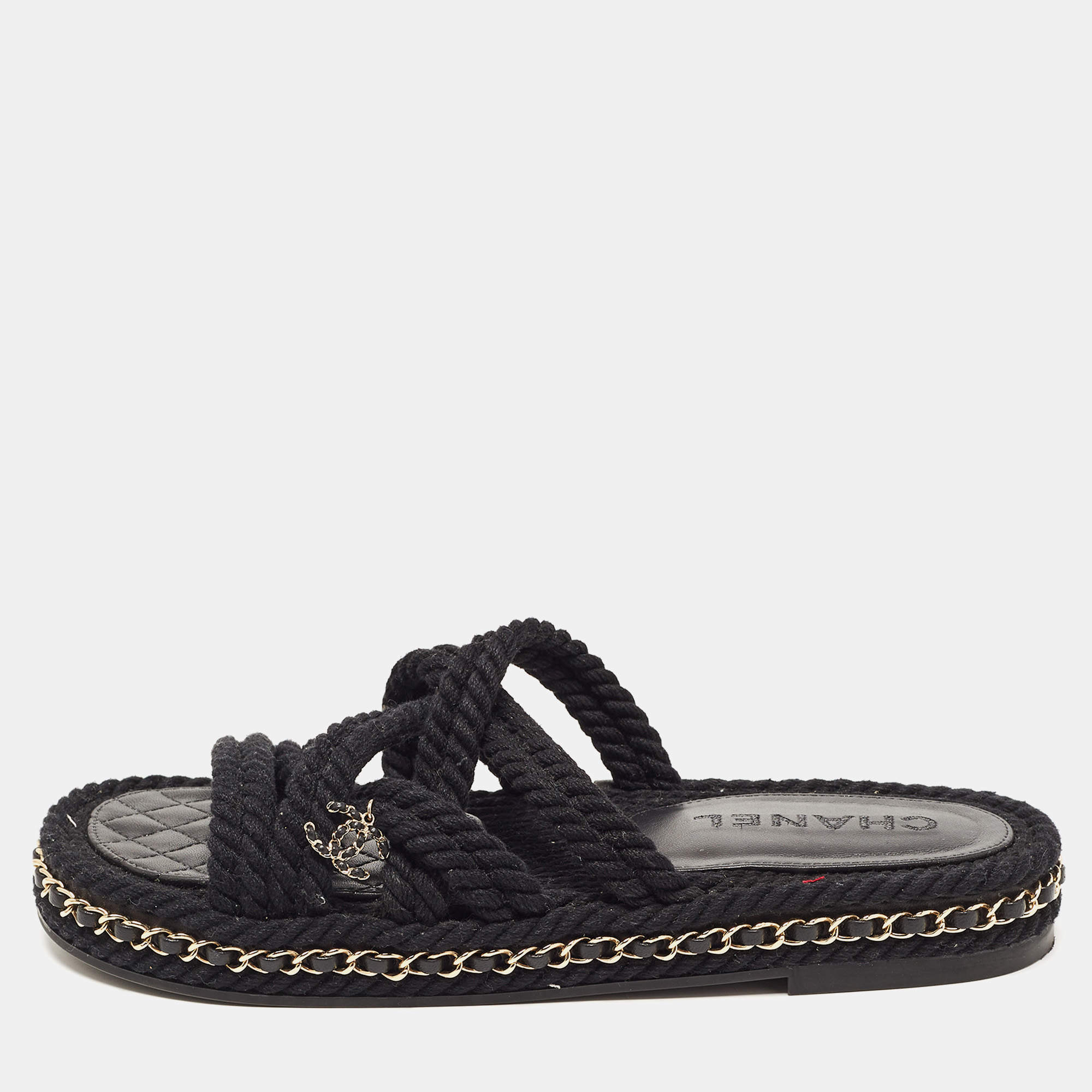 Chanel Black Rope CC Chain Link Slides Size 40