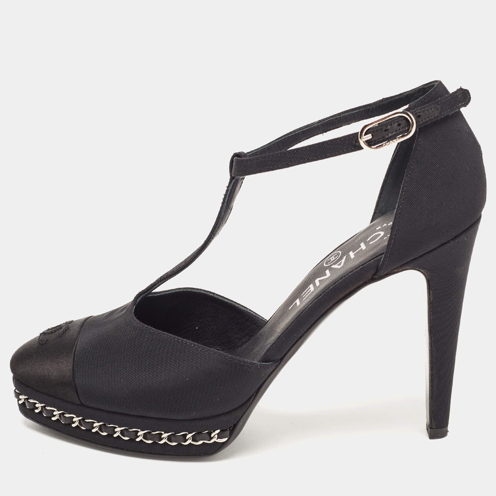 Pre Owned Chanel Black Fabric and Satin CC Chain Link Platform T-Strap Pumps Size 37