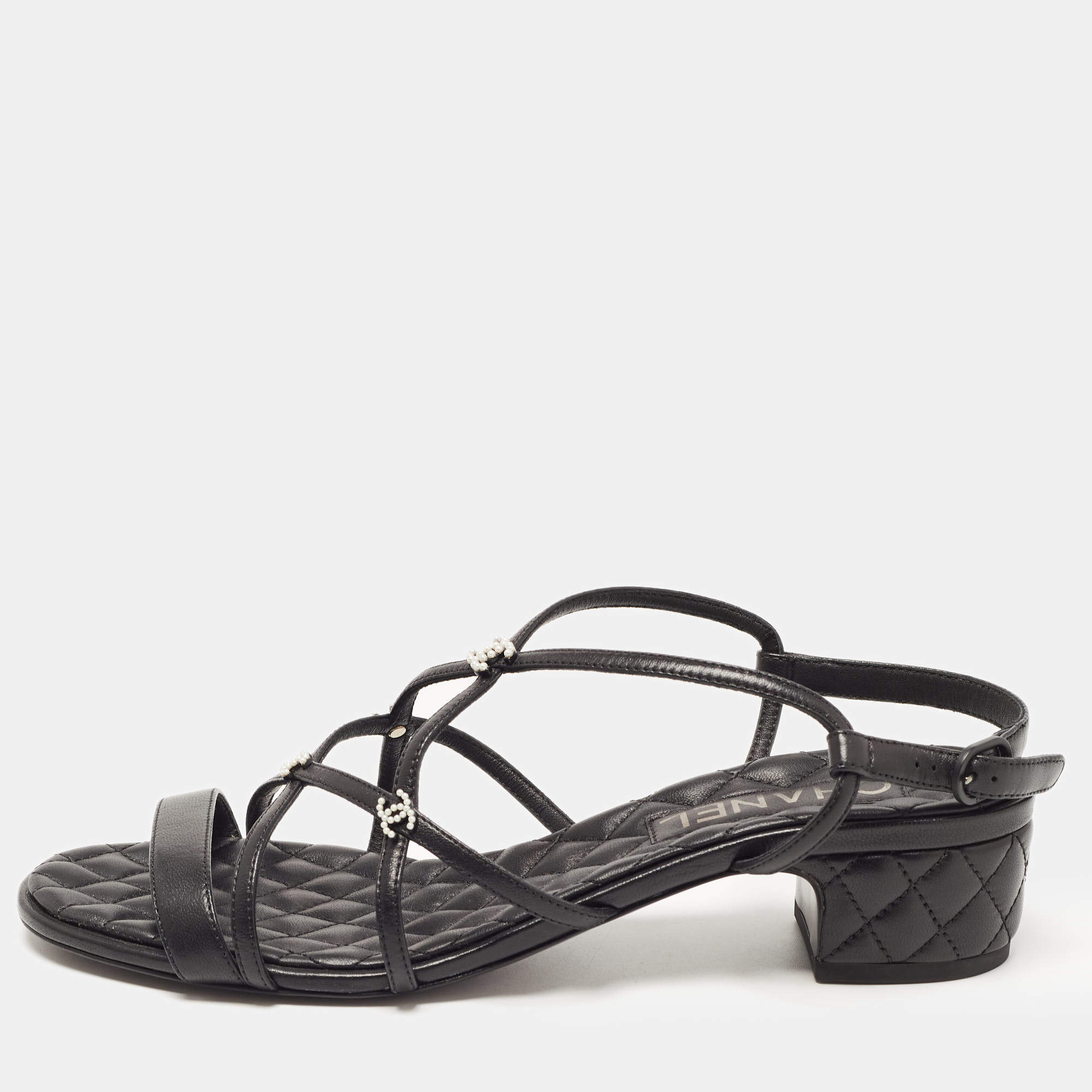 مملوكة مسبقًا Chanel Black Leather Beaded CC Strappy Sandals Size 39.5