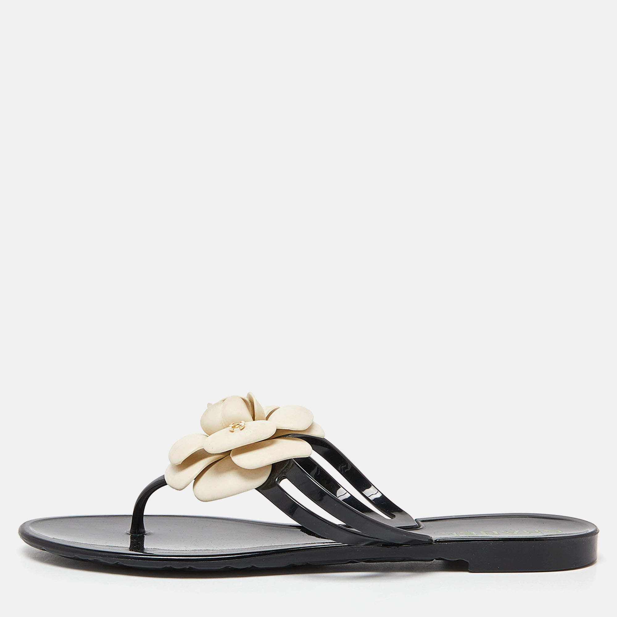 Pre Owned Chanel Black Jelly Camellia Slip On Slides Size 37
