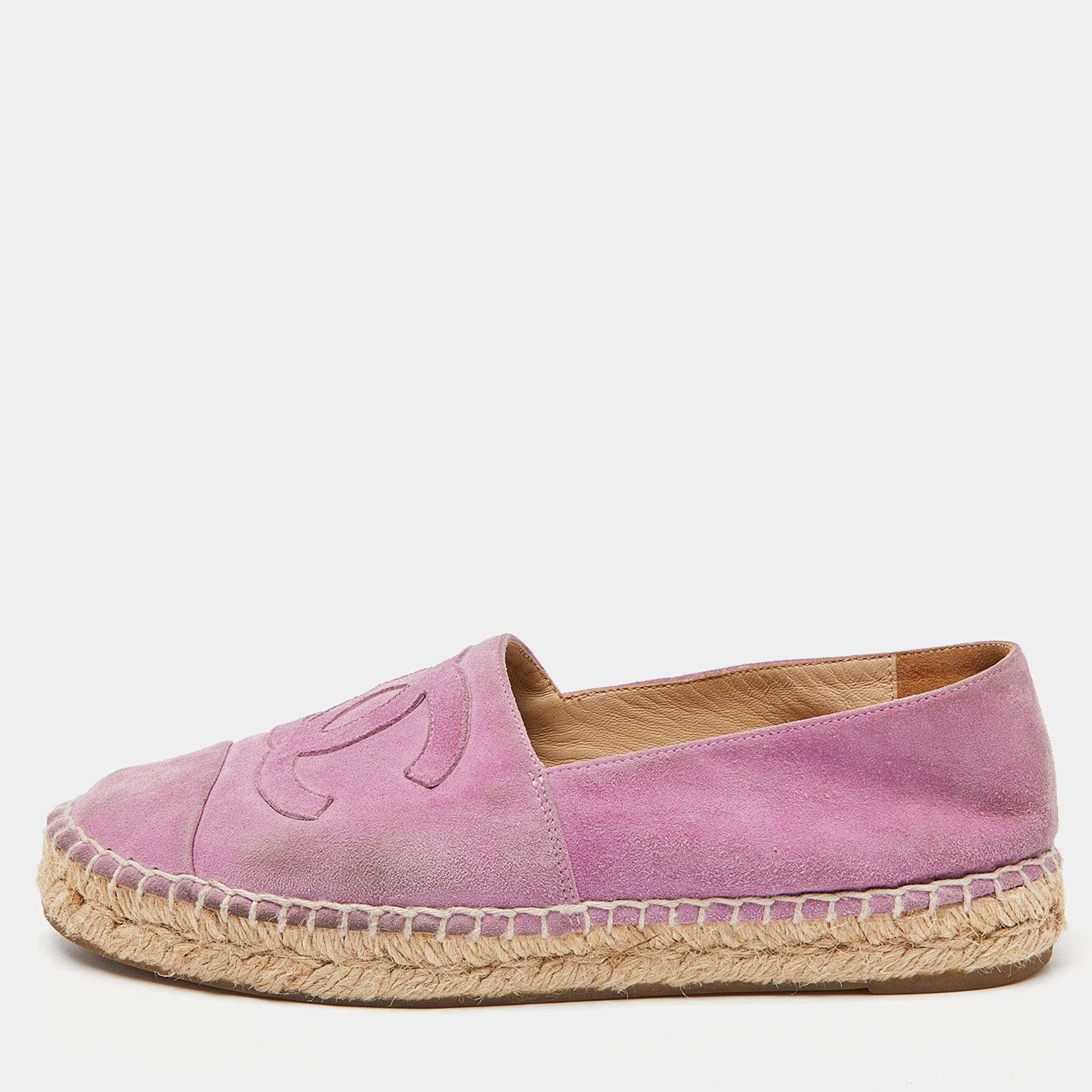Pre Owned Chanel Pink Suede CC Espadrille Flats Size 36